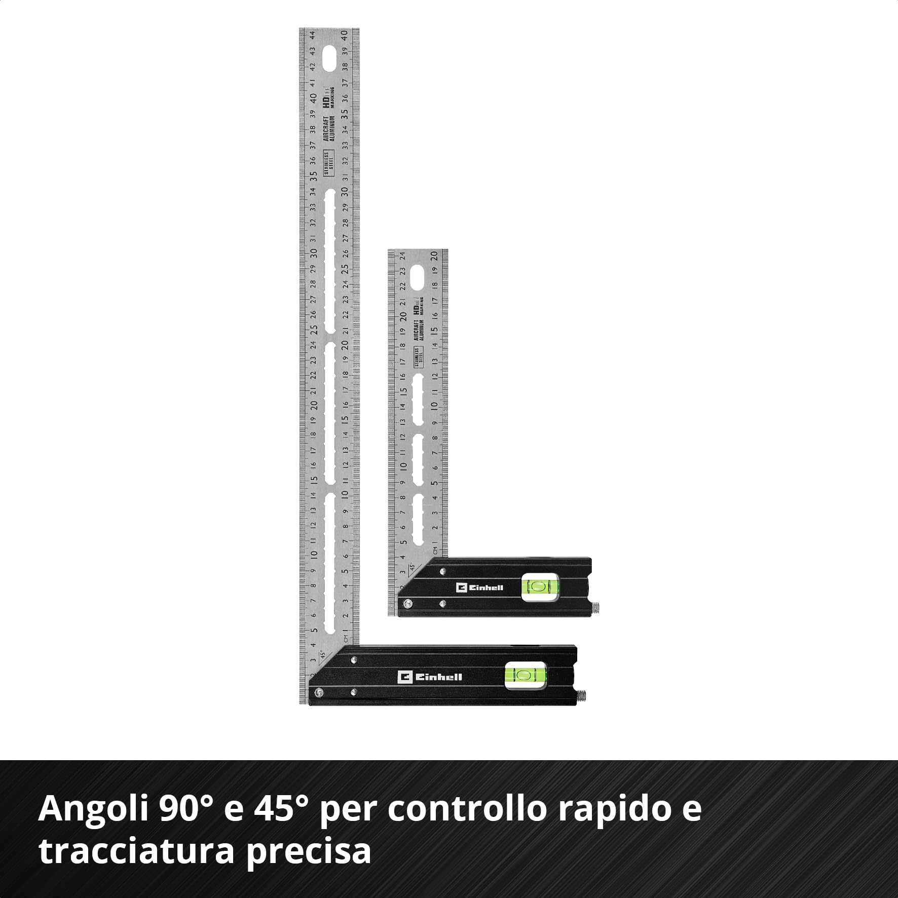 Einhell 2 pezzi set di squadre di battuta, 200/400 mm | Angoli 90° / 45° | scale mm / pollici | fiala | truschino | aperture tracciatura | profilo alluminio | matita meccanica