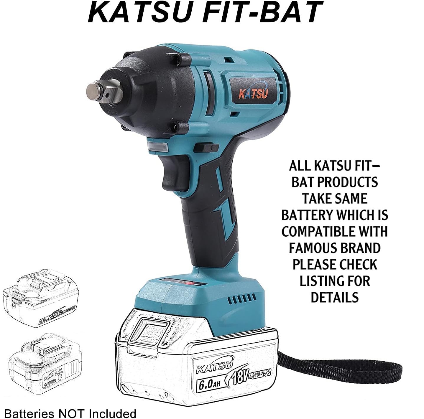 Clé à Chocs sans Fil Brushless 21V KATSU FIT-BAT, 1/2" 600Nm Super Torque Clé à Chocs Électrique sans Fil, Moteur sans Balais, Fréquence d'impact 3200IPM, sans Batterie ni Chargeur 102475