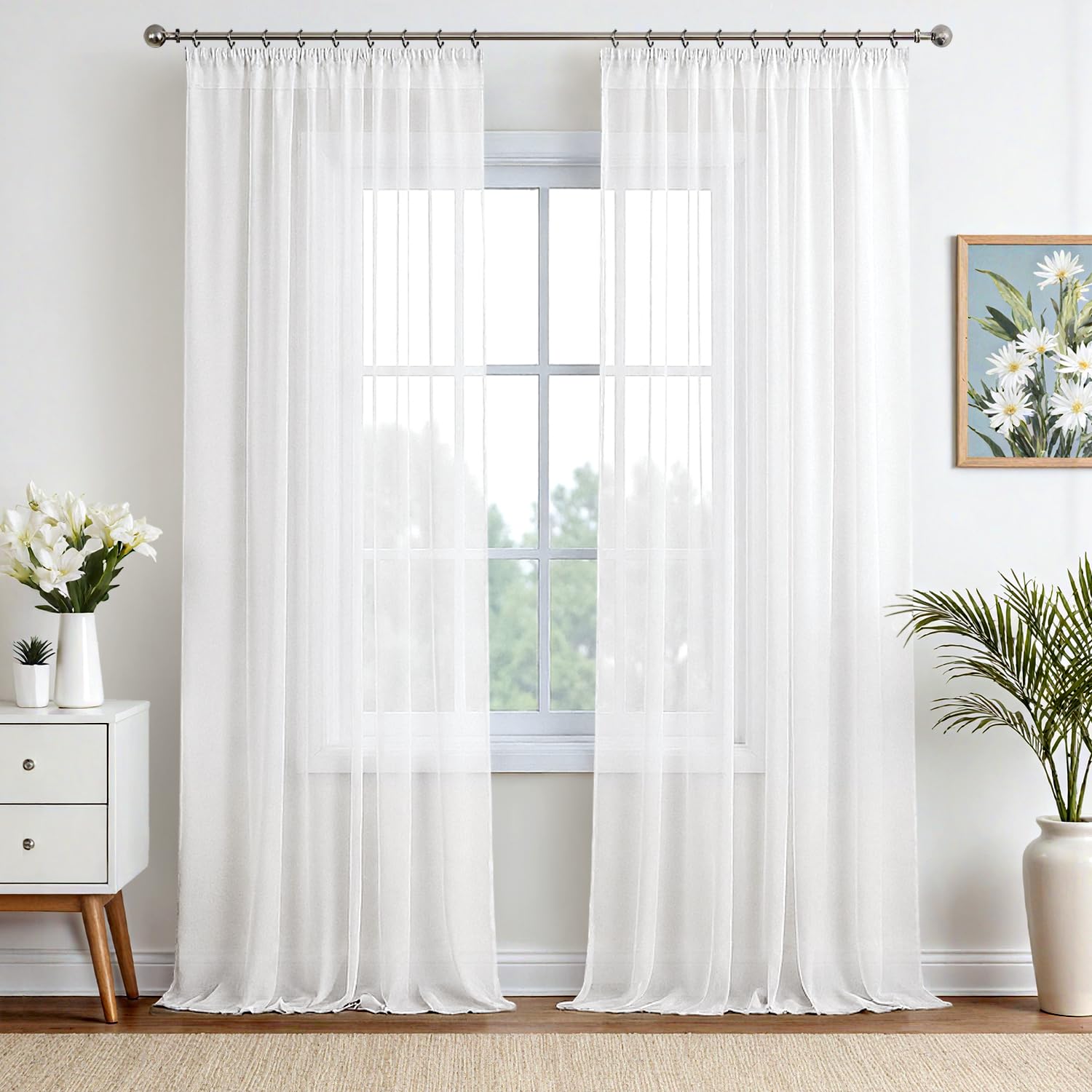 EMEMA Gardinen Vorhänge mit Kräuselband Vorhang Transparente Gardine aus Einfarbig Transparent Sheer Voile Wohnzimmer Luftig Dekoschal für Schlafzimmer 2er Set