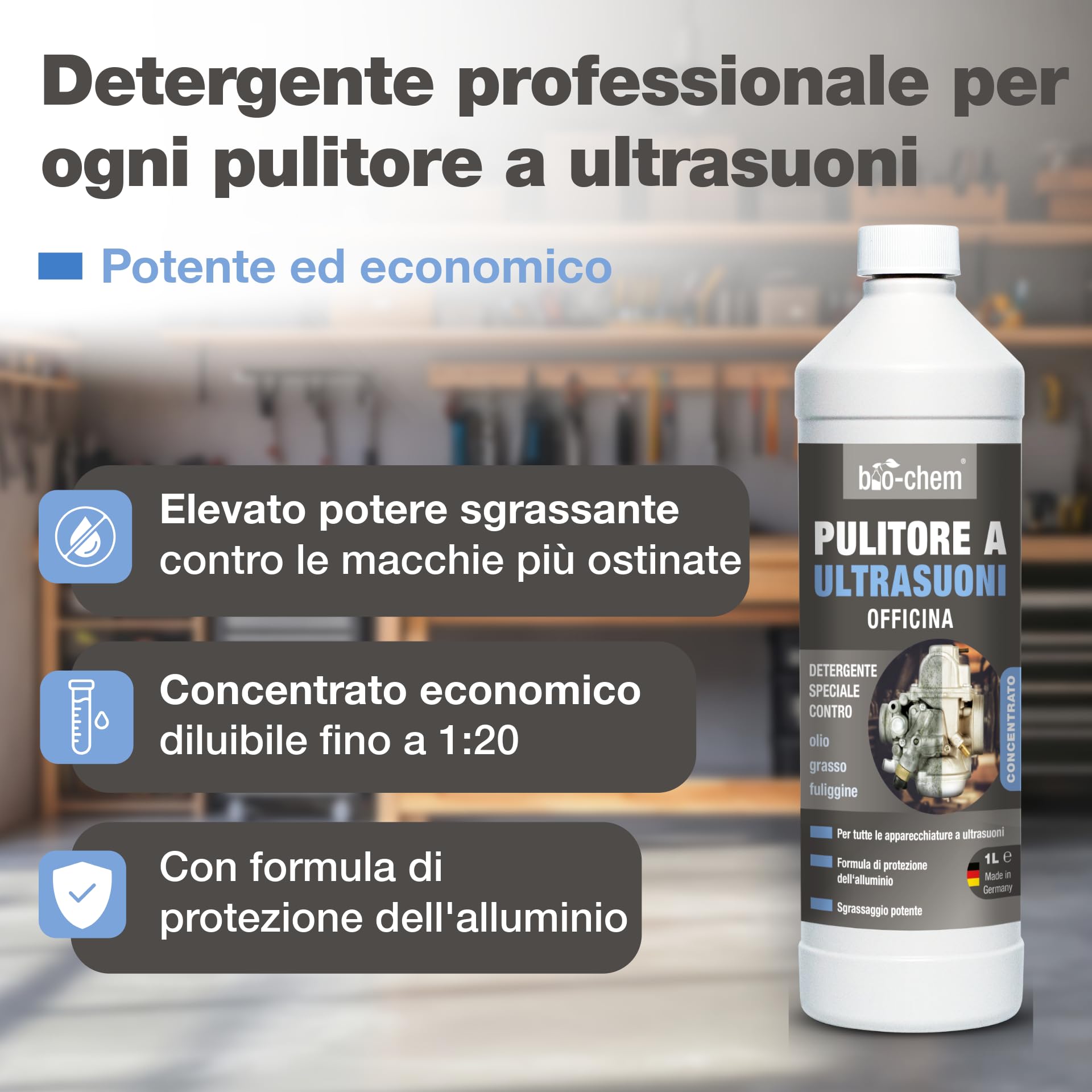 Bio-Chem - Detergente ad ultrasuoni per officina 2L concentrato - Uso professionale in officine e industrie - Prodotto per carburatori, parti meccaniche, componenti elettronici