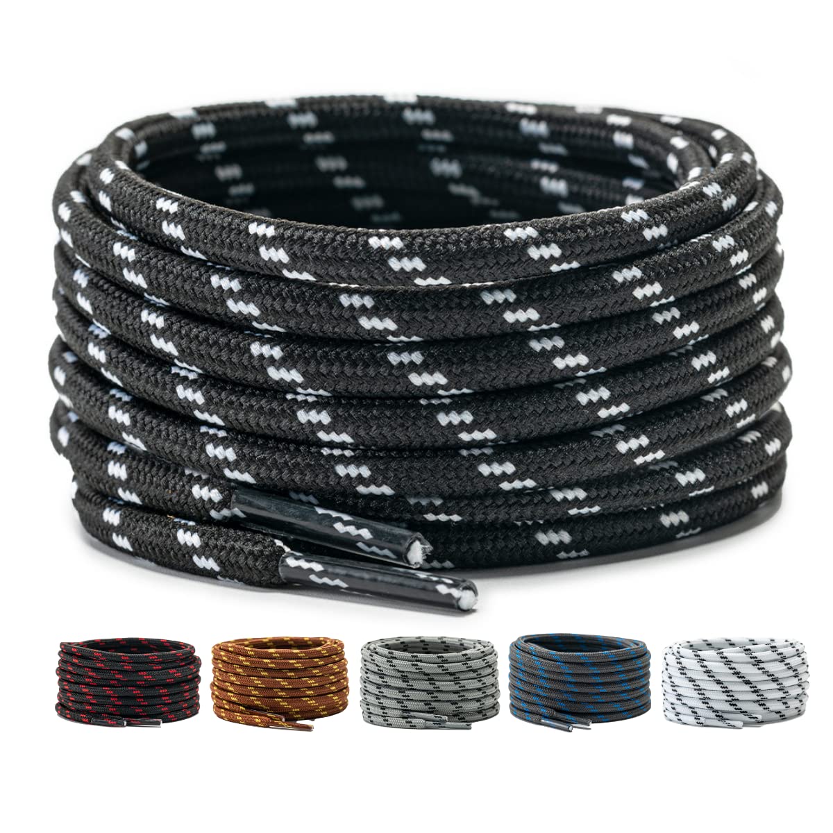 LaceHype2 Pairs - Premium Round Shoelaces [Diameter 4.5 mm] for Work Shoes, Boots, Outdoor Shoes and Sports Shoes, Tear-Resistant Shoelaces Made of Polyester (Black/White, 140)