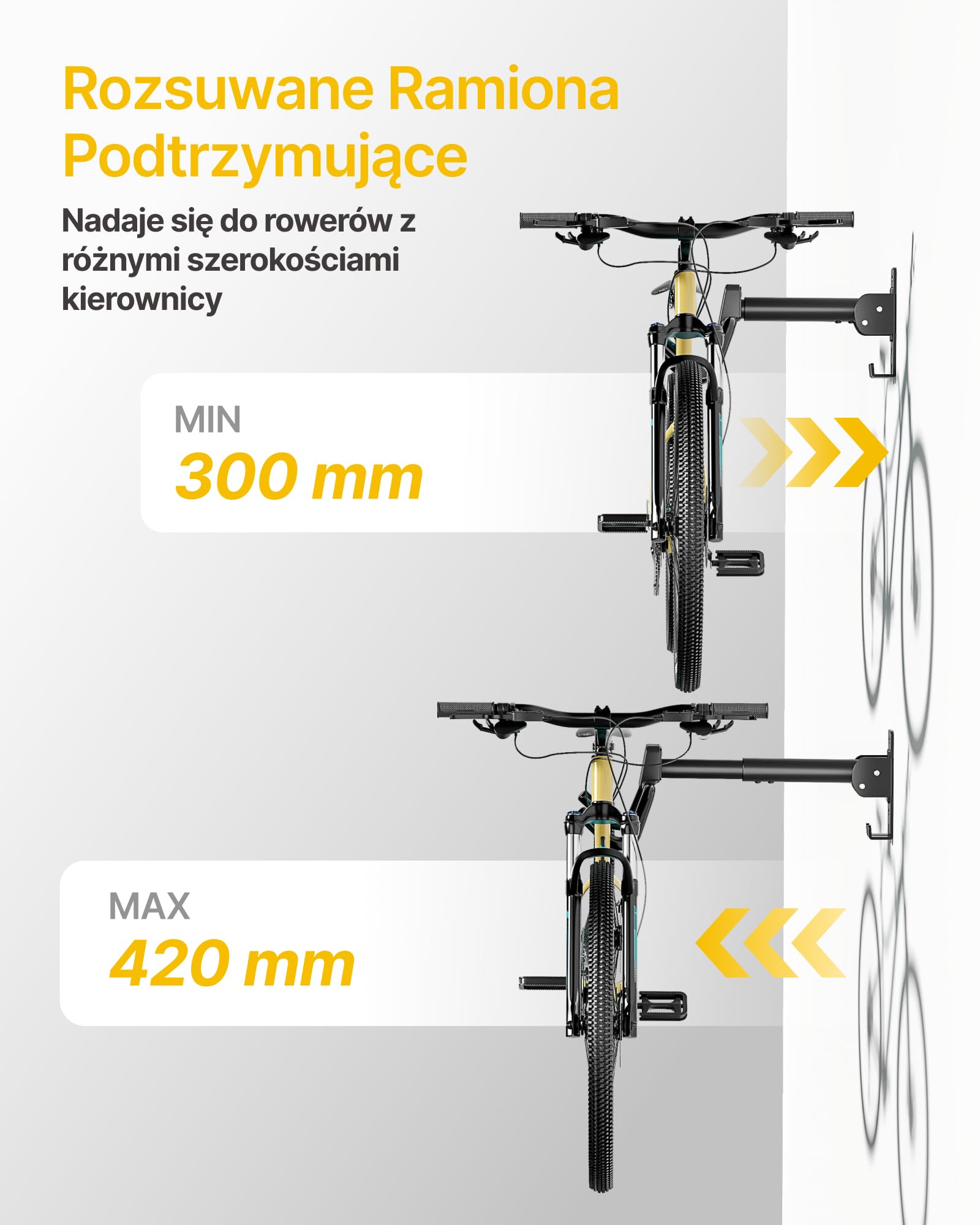 monTEK Uchwyt ścienny do roweru, regulowany kąt i odległość od ściany, uchwyt rowerowy, składany, nośność 30 kg, wysuwany schowek na rower z hakiem do garażu, 1 sztuka