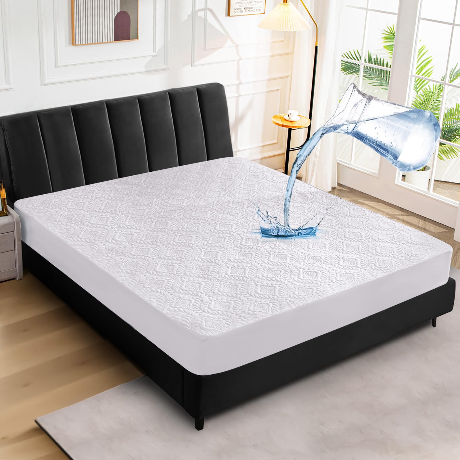 Protège-matelas imperméable, 200 x 200 cm, drap-housse de luxe, motif 3D, super absorbant, housse de matelas respirante, protection contre l'humidité, blanc