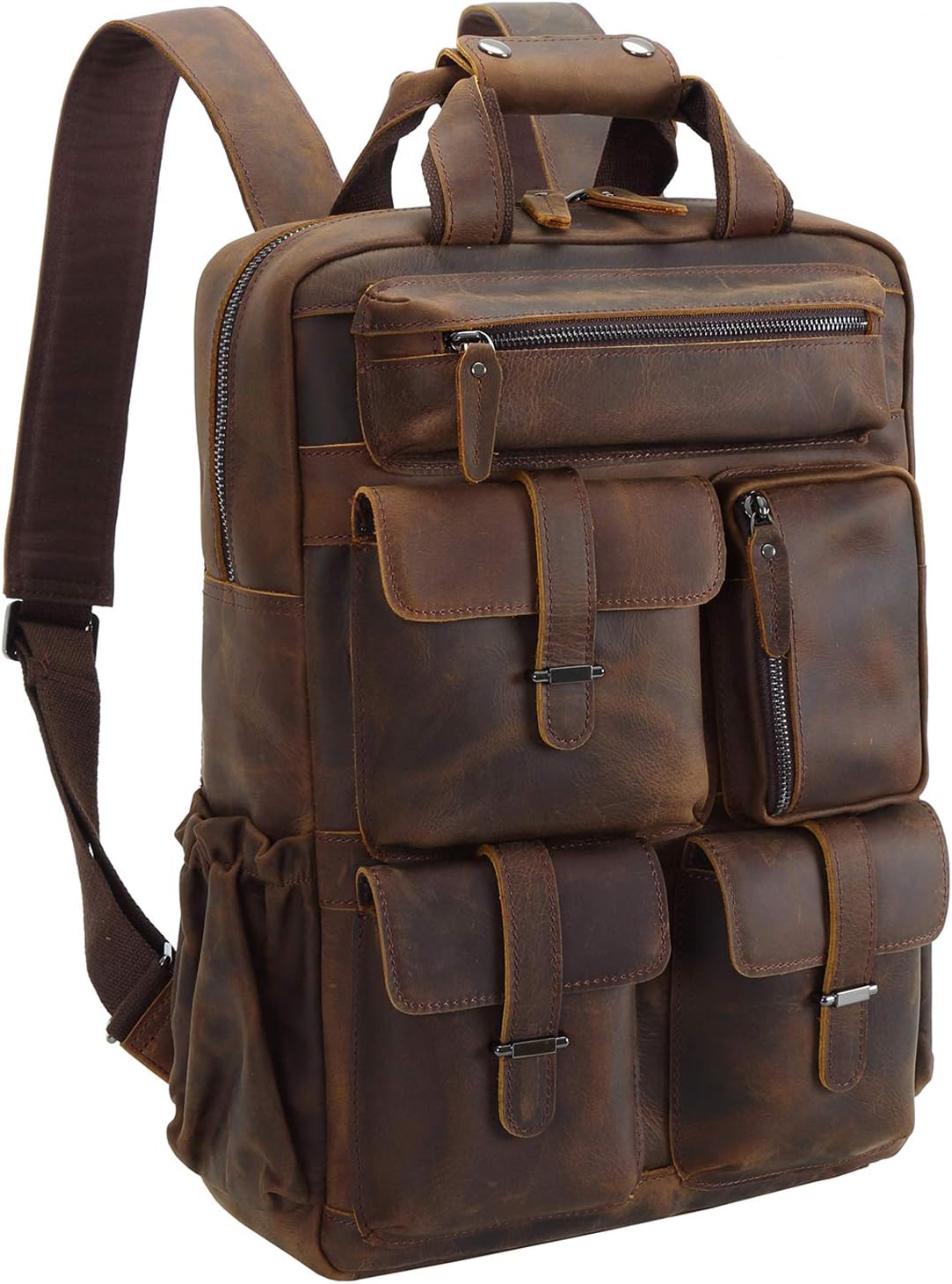 Full Grain Cowhide Leather Multi Pockets 16 Inch Laptop Backpack Travel Bag (Dark Brown(Updated Version))