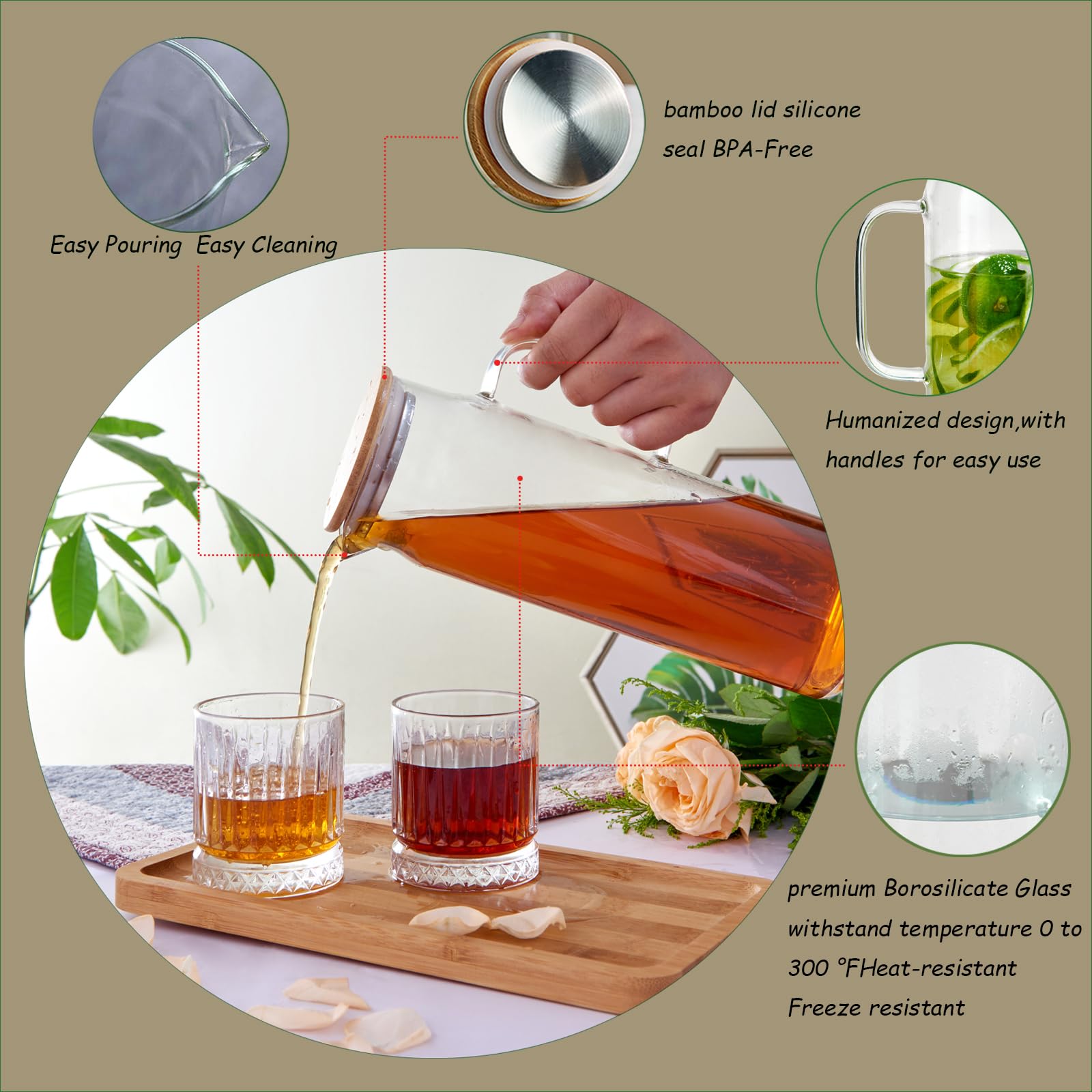 Lot De 2 Pichets En Verre 1 Litre – Avec Couvercle Et Poignée, Pour Réfrigérateur Ou Table, Lavables Au Lave-vaisselle - 7