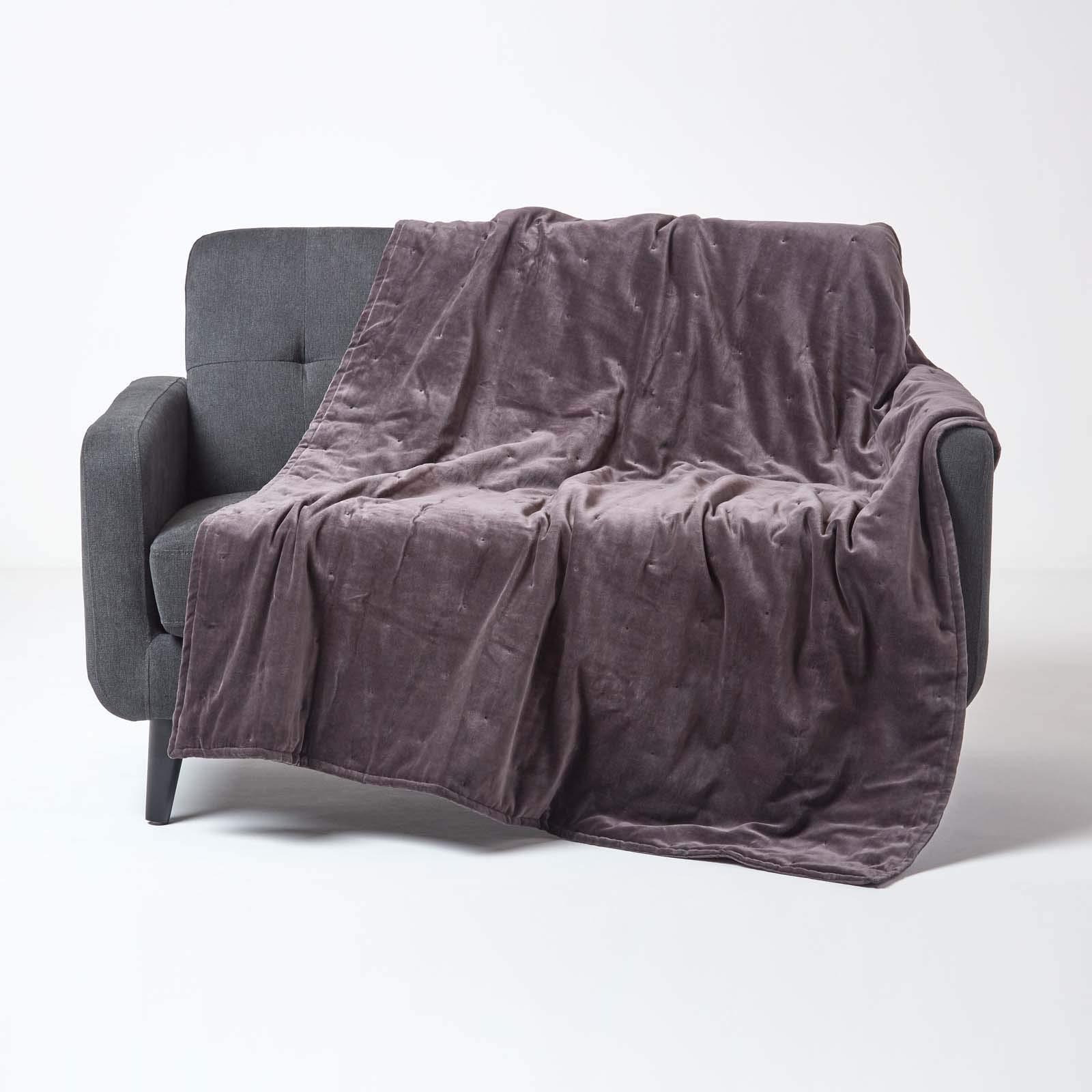 Homescapes Grey Luxury Velvet Throw, 100% Cotton, 150 X 200 Cm, Dark Quilted, For Bed Or Sofa, Handcrafted, Oeko-Tex Certified, 59 X 78"