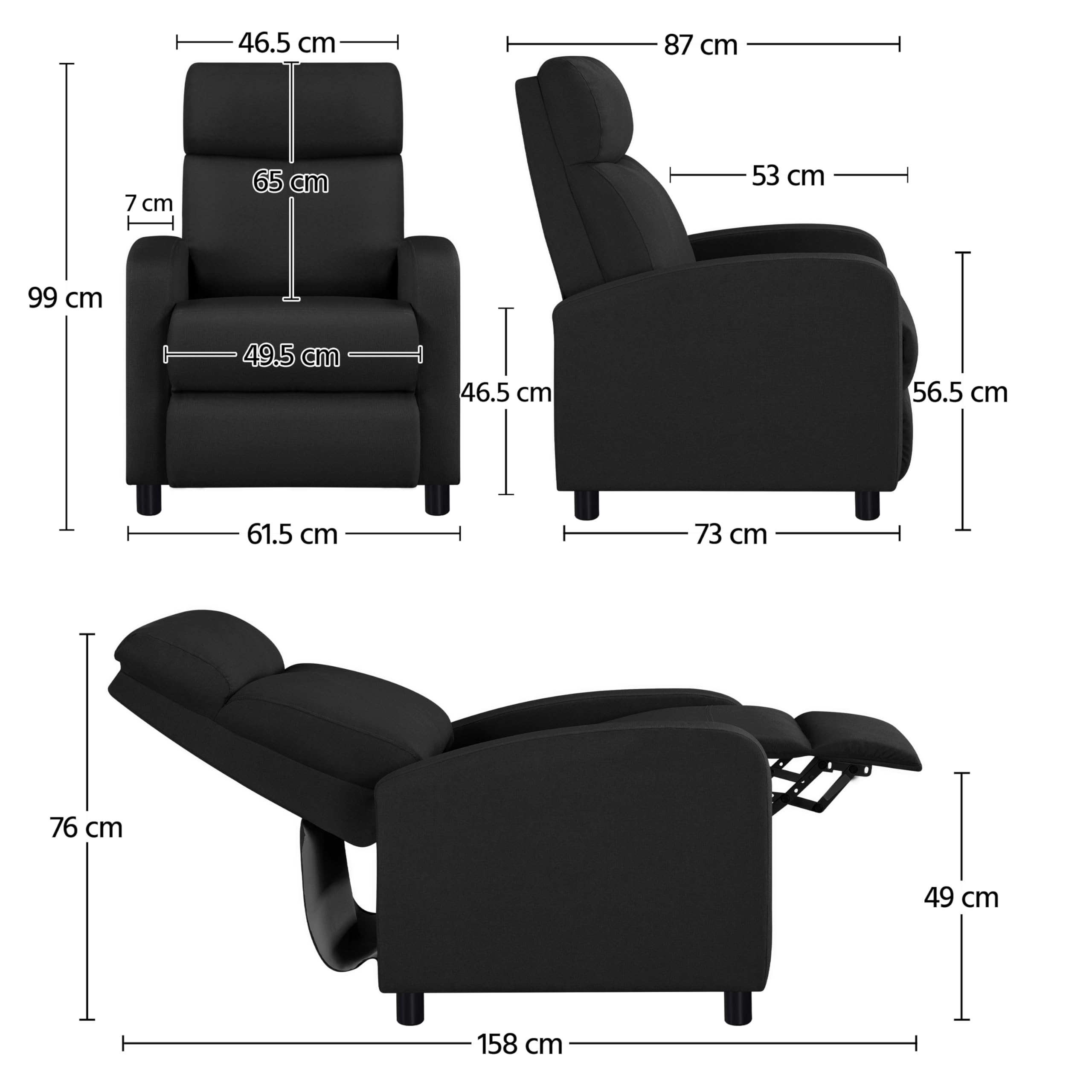 Poltrona Reclinabile Manuale Poltrona Lounge Imbottita Poltrocina con Poggiapiedi Poltrona Alzapersona Relax da Divano Soggiorno Camera da Letto Tela/Nero