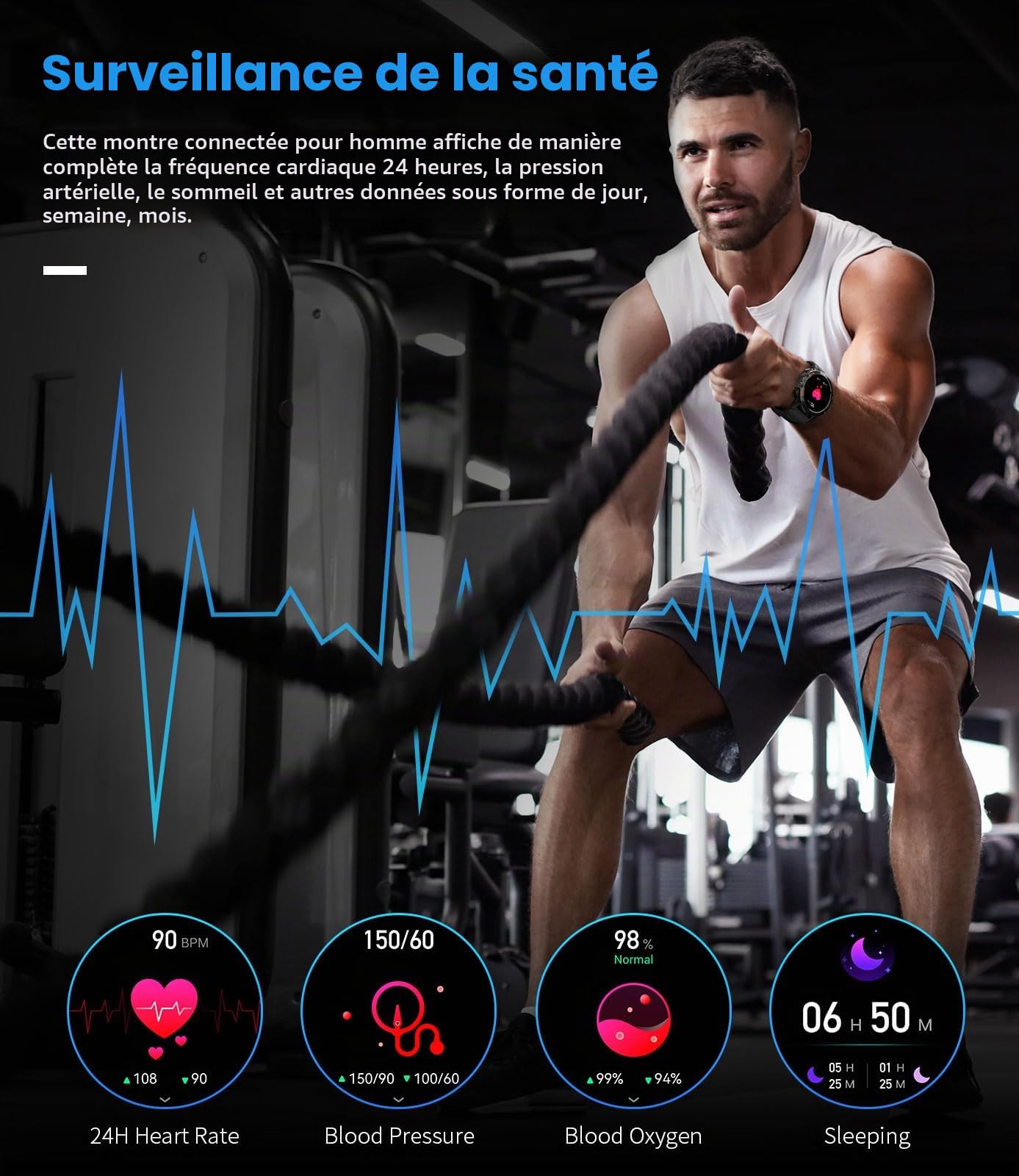 FOXBOX Montre Connectée Homme, 1.39" Militaire Smart Watch, Noir | 300+ Cadran, SpO2, Moniteur de Sommeil, 24H Fréquence Cardiaque, Appel Bluetooth, 100+ Sportmodi, Étanche IP67