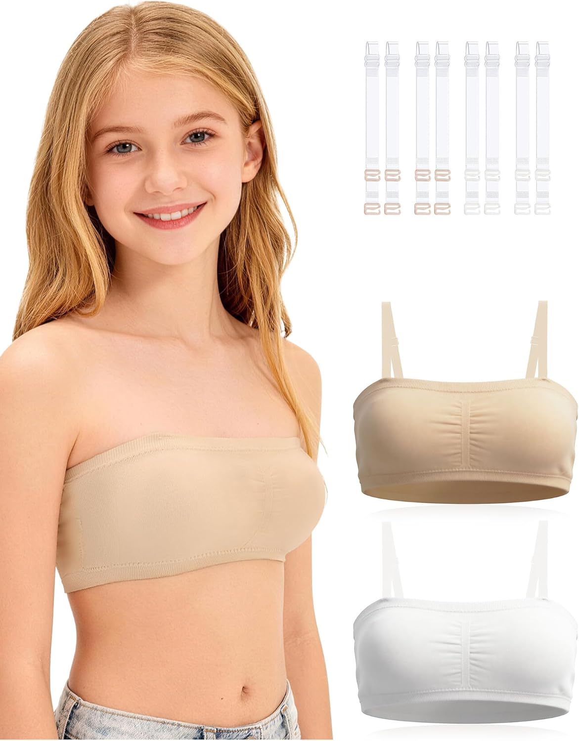 iMuchic Girls Strapless Dance Bra with Adjustable Clear Straps, Nude Seamless Ballet Bandeau Tube Top Training Bralette 7-16Y