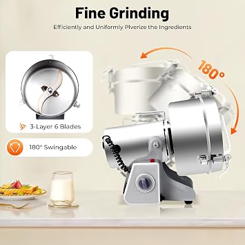 Electric Grain Grinder, High Speed Multi-Function Grain Grinder Commercial Cereals Grain Mill Portable Stainless Steel Pulverizer for Soybeans, Peppers, Coffee Beans 110V (2500g)