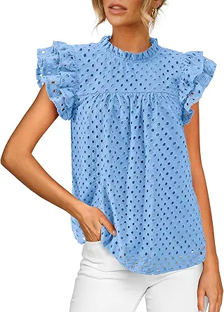 BTFBM Casual Summer Tops for Women 2025 Short Ruffle Sleeves Shirts Crew Neck Hollow Out Lace Embroidered Blouses