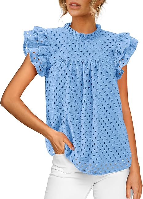 BTFBM Casual Summer Tops for Women 2025 Short Ruffle Sleeves Shirts Crew Neck Hollow Out Lace Embroidered Blouses