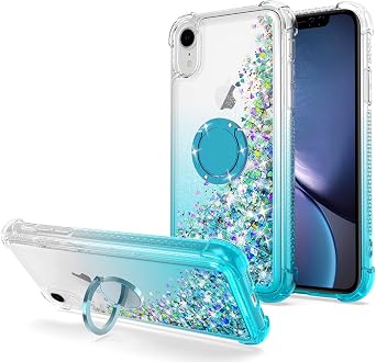 Flowing Floating Glitter with Stand for iPhone XR Case,Blue | Bling Flowing Liquid Floating Sparkle Glitter Waterfall, TPU Protective, Rotation Ring Kickstand, 6.1 inch