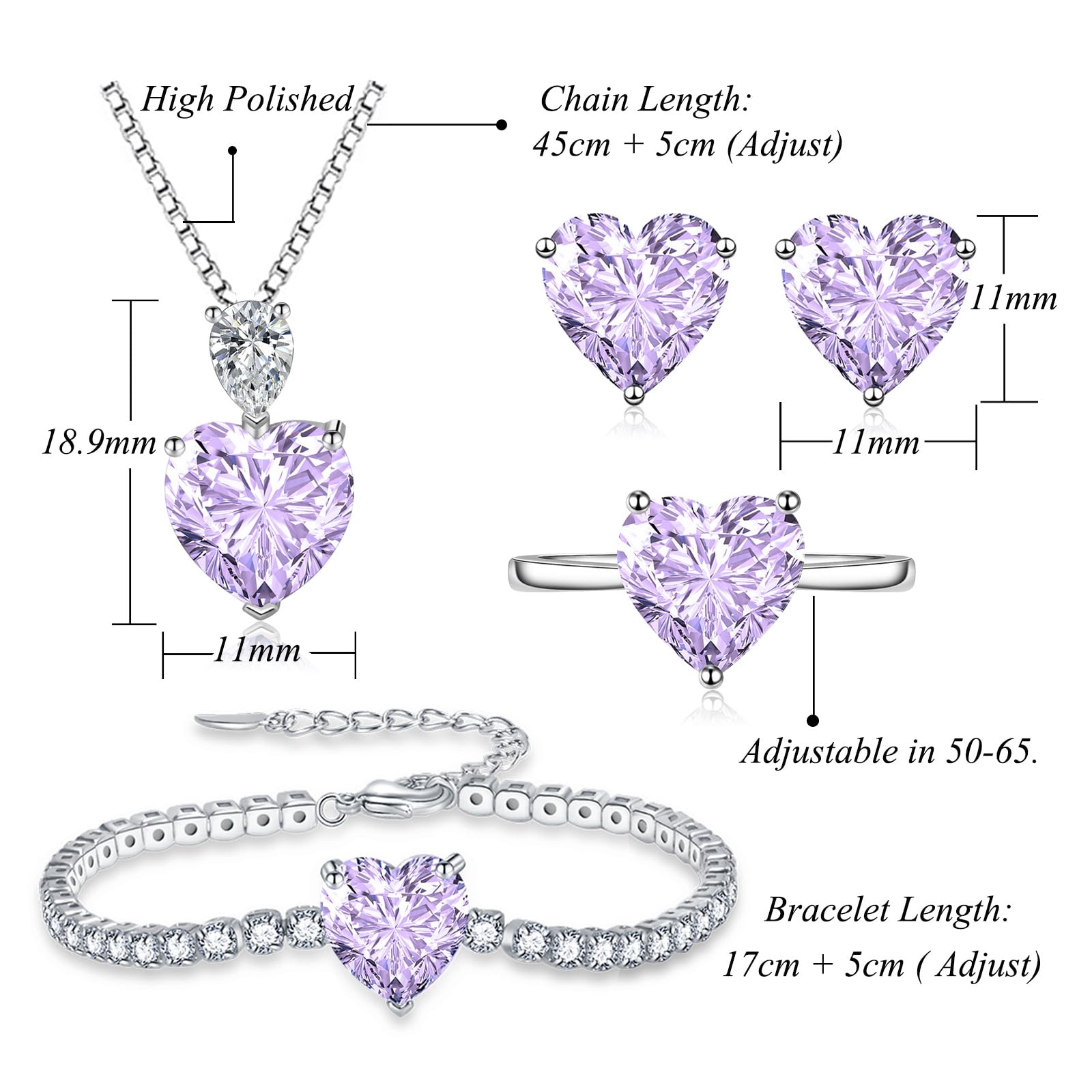 Juego de joyas de plata para mujer, 4 unidades, plata de ley 925, corazón, amor, collar, pendientes, pulsera, anillos, colgante con cadena de plata de 45 cm, pendientes y pulsera y anillos con