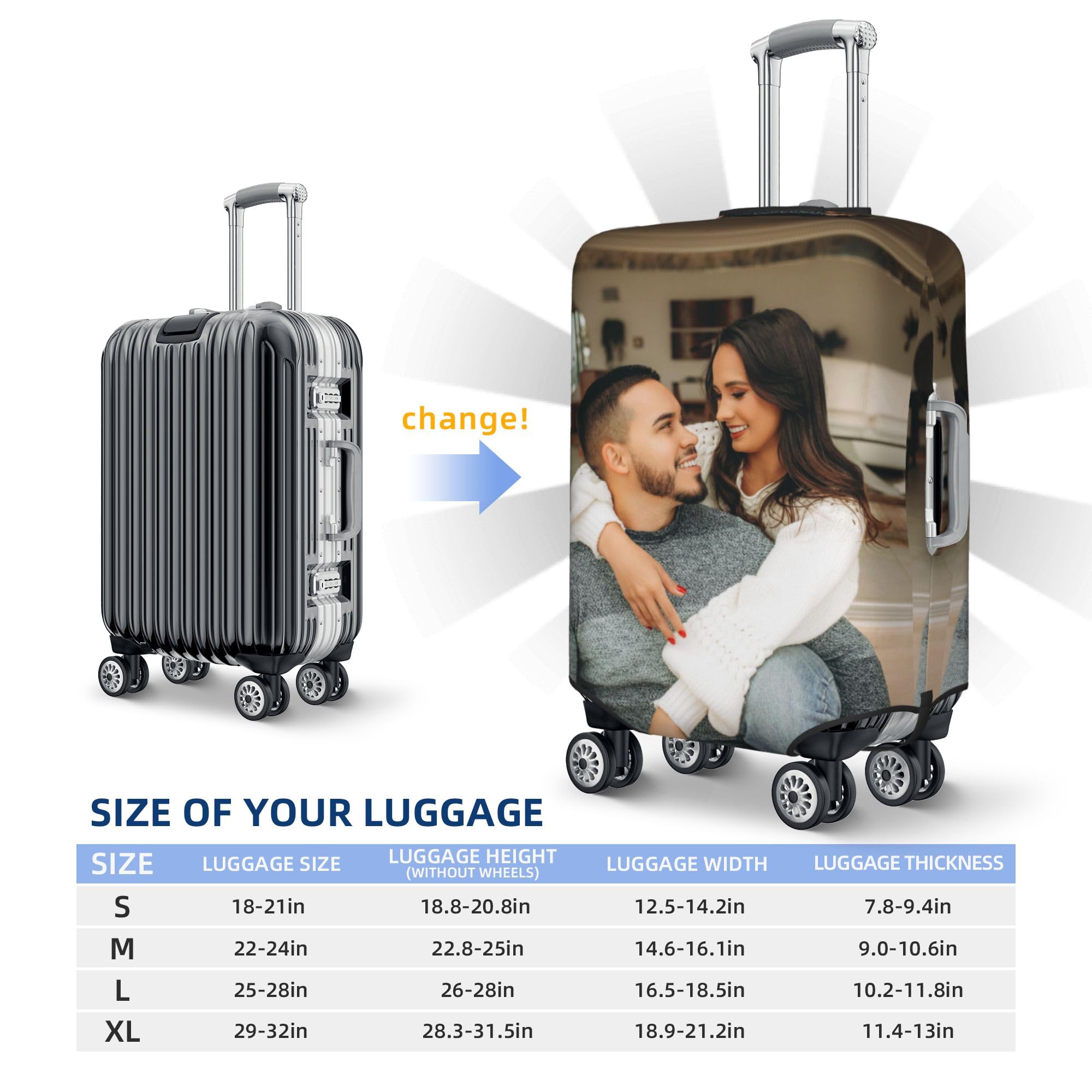 Housse de Valise Personnalisée avec Texte Photo, Personnalisez Votre Image/Nom/Logo Bagages Accessoires de Voyage Double Face Design Différent Protecteur de Valise de Voyage Elastique Lavable Couvre