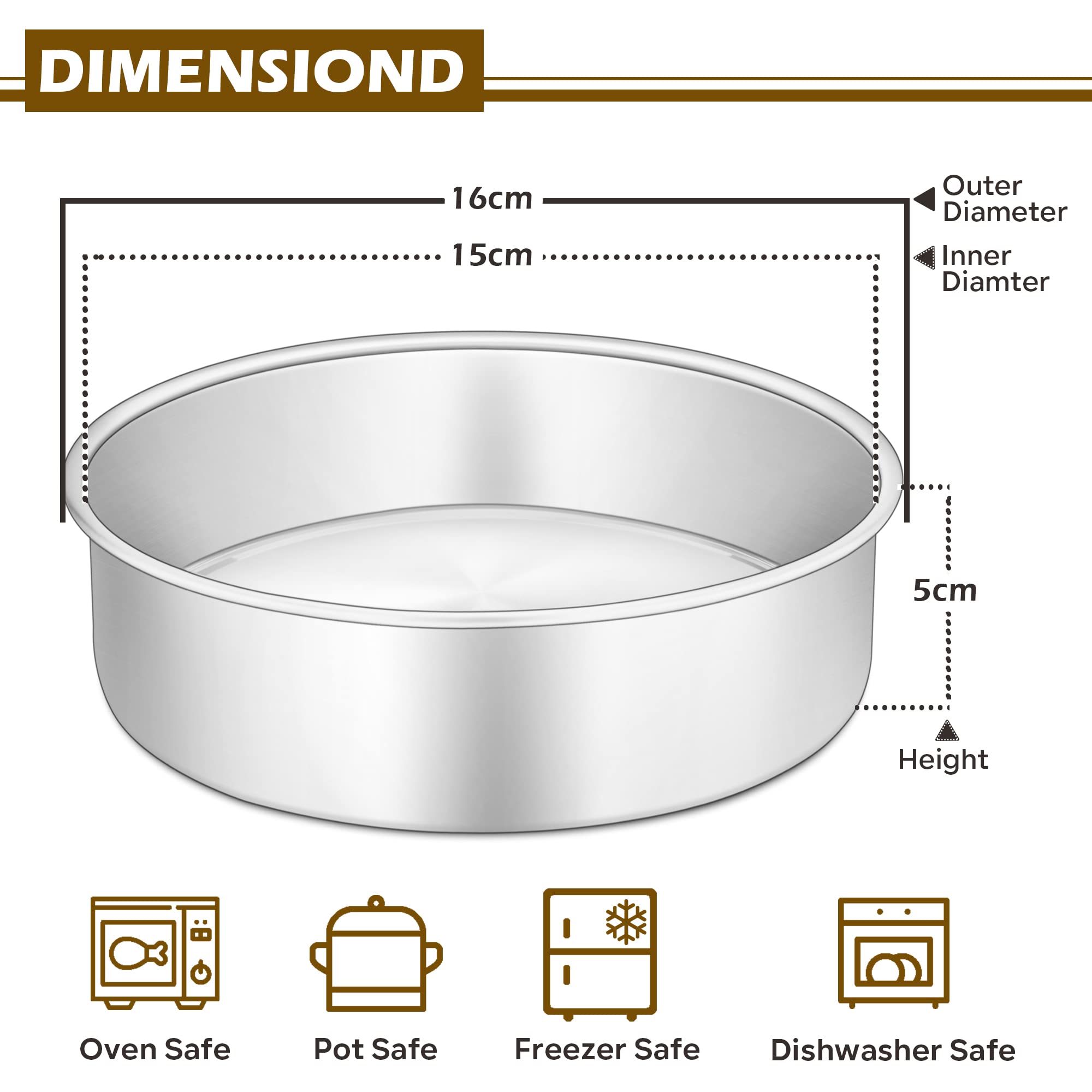 Herogo Set di 3 tortiere rotonde in acciaio inox antiaderente, per torte di compleanno, matrimonio, con anima in acciaio inossidabile e rivestimento atossico, design monopezzo, profondità 5 cm (20 cm