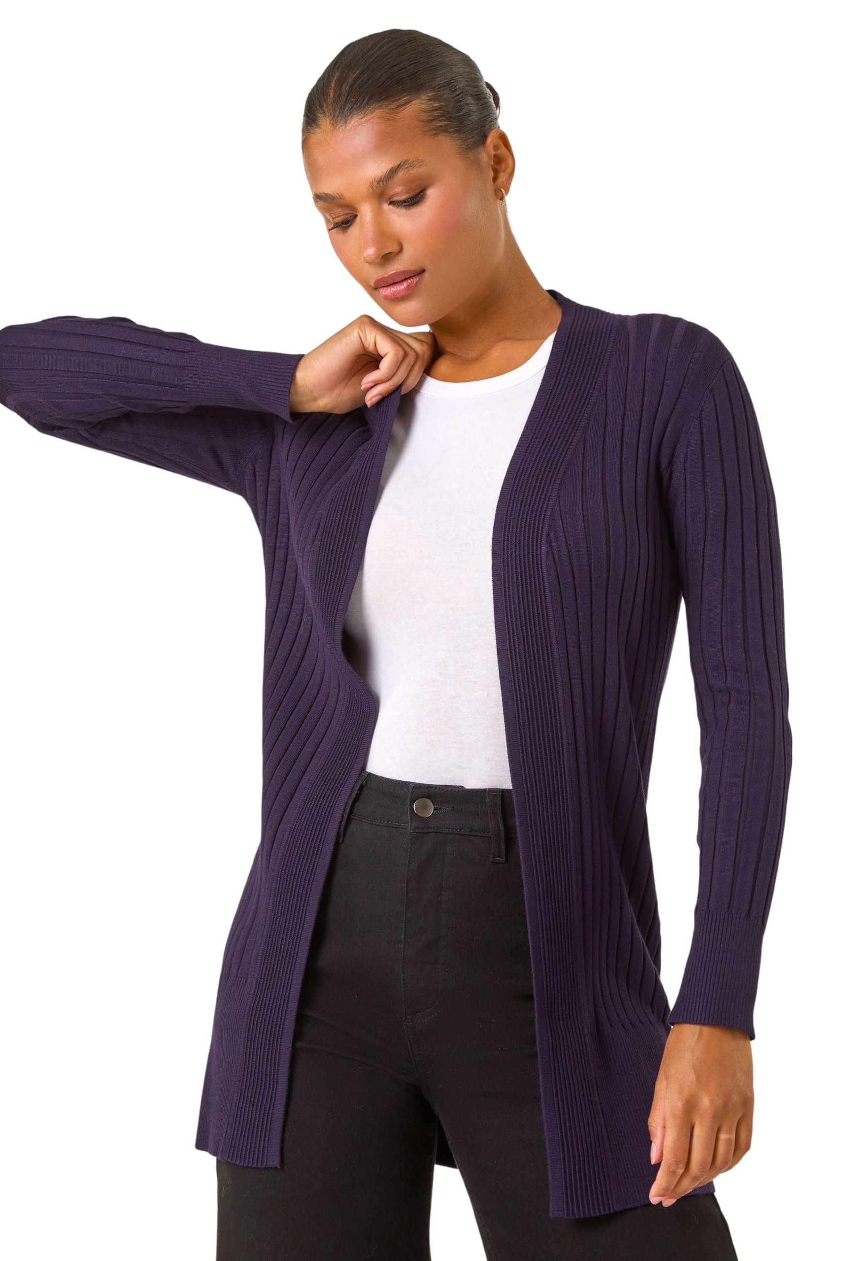 Roman Originals Women's Purple Ribbed Edge To Edge Cardigan For Uk - Autumn Everyday Winter Holiday Pull-On Long Sleeves Comfy Soft Vacation Work - Size 16