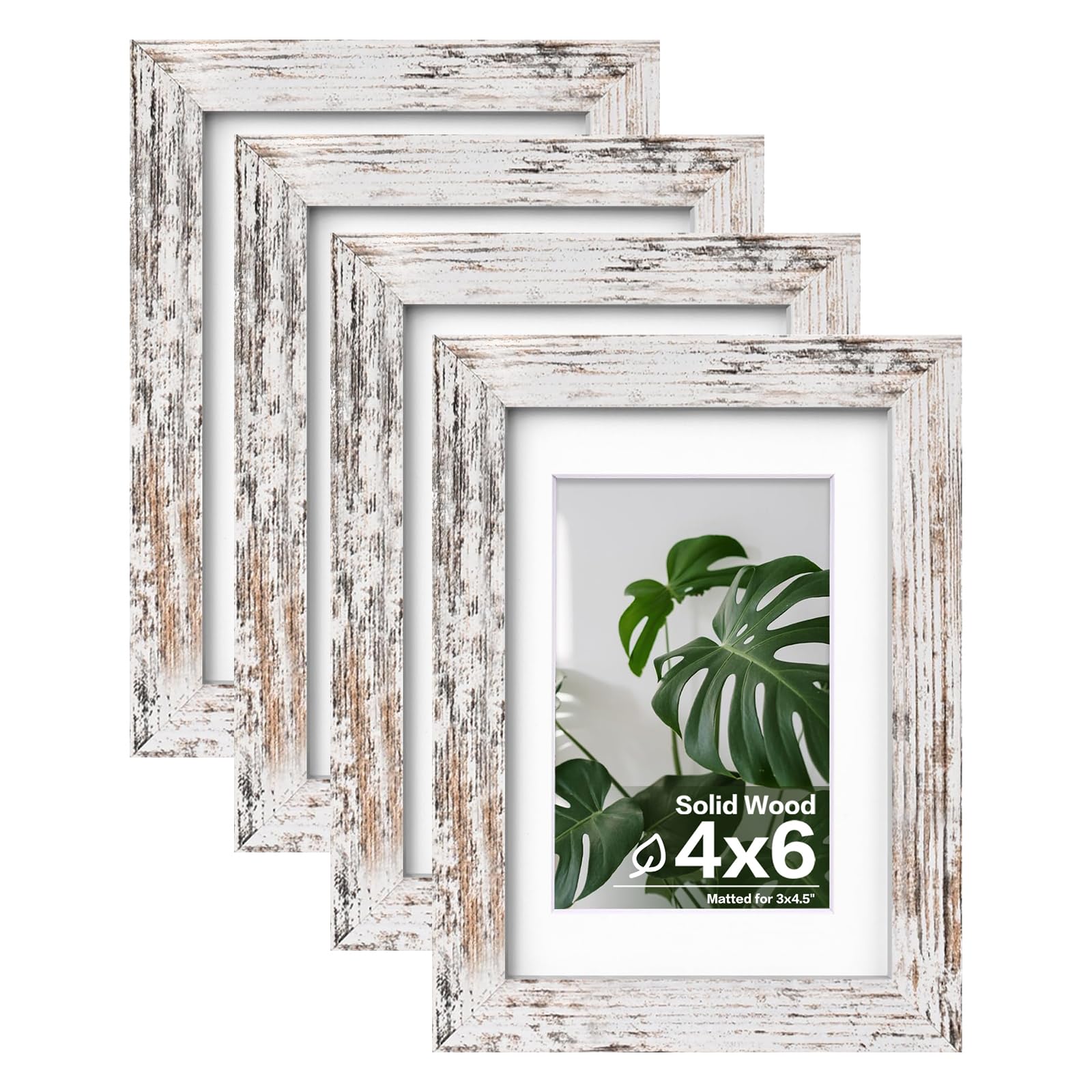 Egofine 写真フレーム 4x6インチ 4パック 無垢材 プレキシガラス製 写真表示 3.5x5インチ マット付き 4x6インチ マットなし 卓上および壁取り付け用 素朴なホワイト