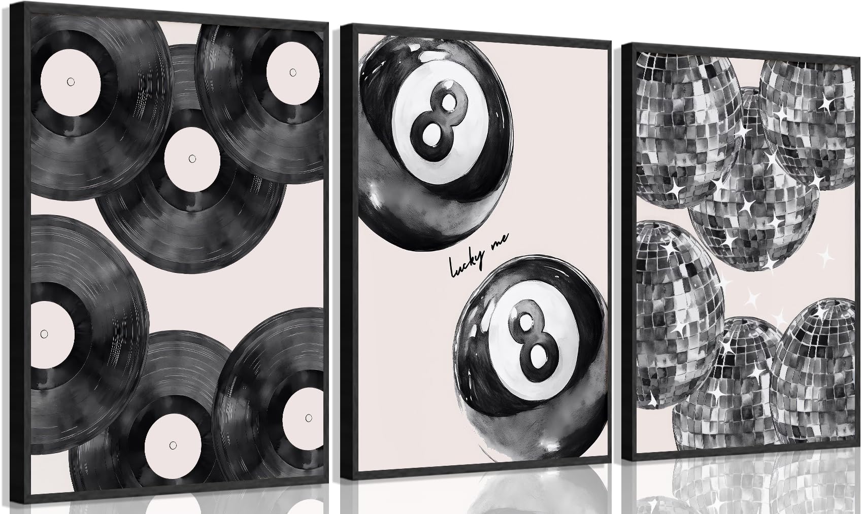 LMYSXAOZ 3Pcs Trendy Black White Canvas Wall Art Lucky 8 Ball Decor Pictures Disco Poster Prints Record Painting Artwork for Dormitory Bedroom Living room Preppy Decoration Unframed 12x16inch