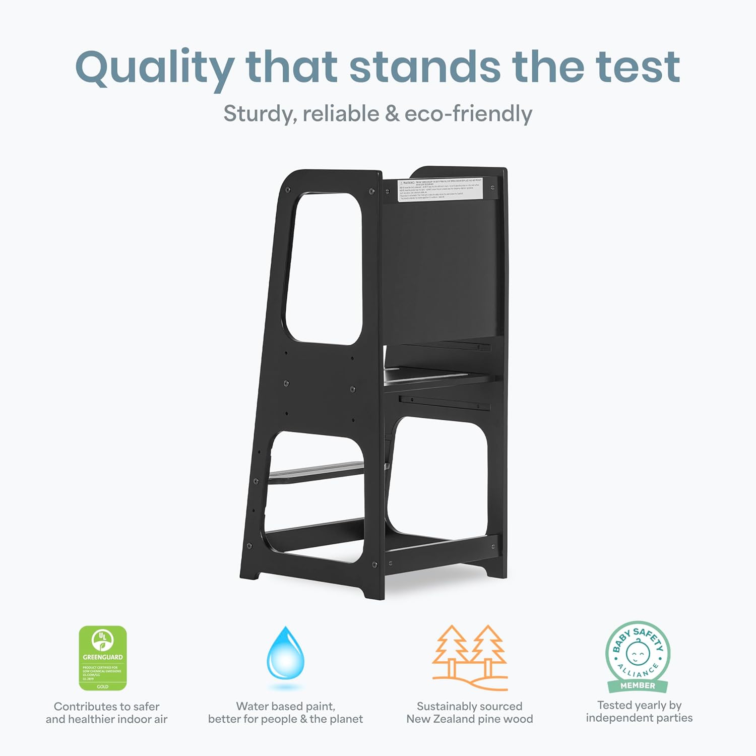 Dream On Me Explora Tower & Step Stool in Black – Solid Pinewood Kids Tower with 3 Adjustable Heights, Anti-Slip Base, Chalkboard for Creative Play