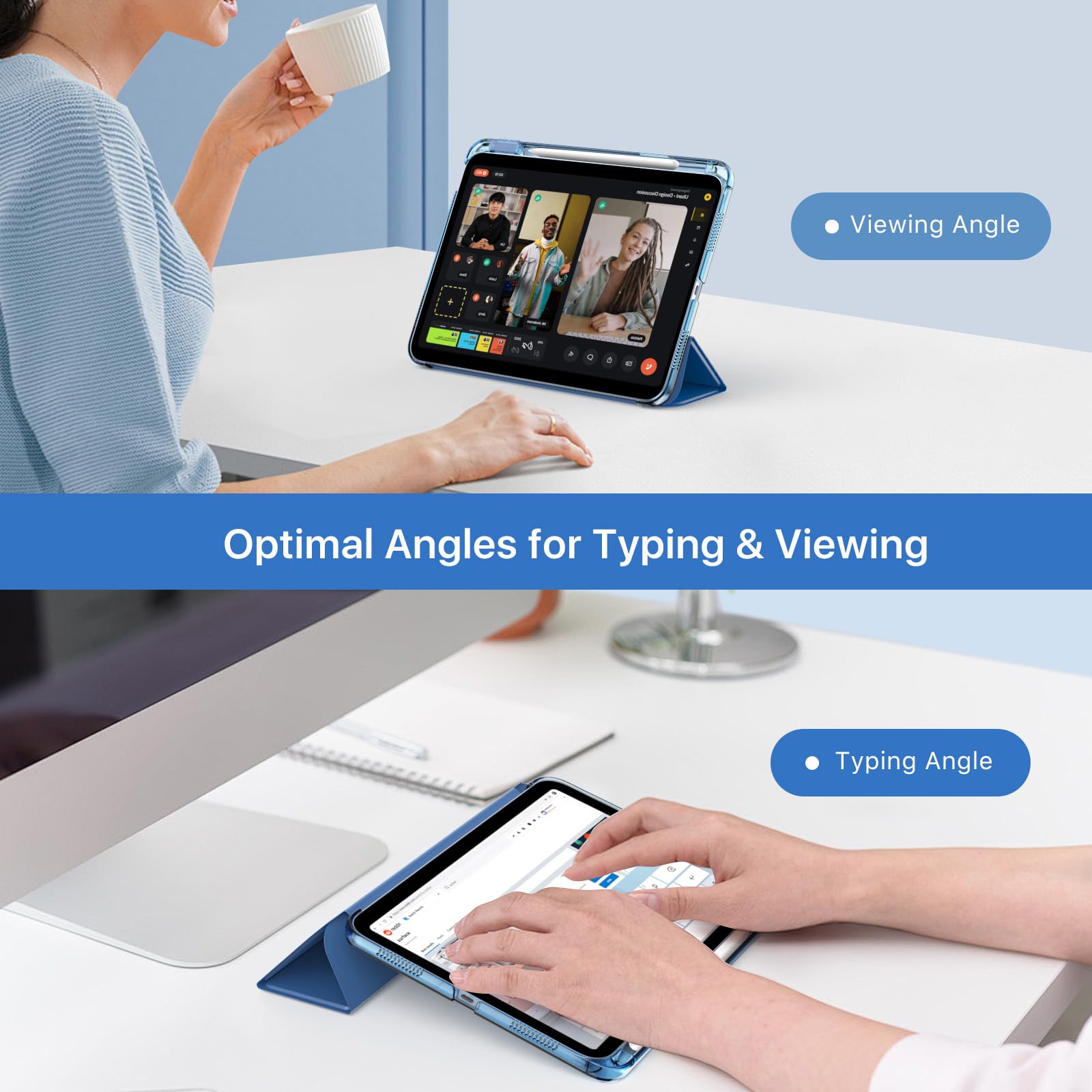 MoKo Cover per iPad Air 11 Pollici Case M3/M2 2025/2024, iPad Air 5a/4a Gen 10,9" Custodia 2022/2020 con Portapenna, Cover Trifold Sottile e Leggera con Retro in PC Rigido Traslucido, Blu Marino