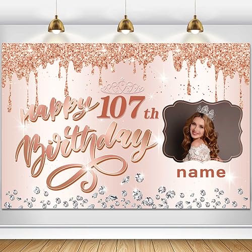 Cartel personalizable de decoración de feliz cumpleaños número 107 de oro rosa, personalizado con nombre y foto