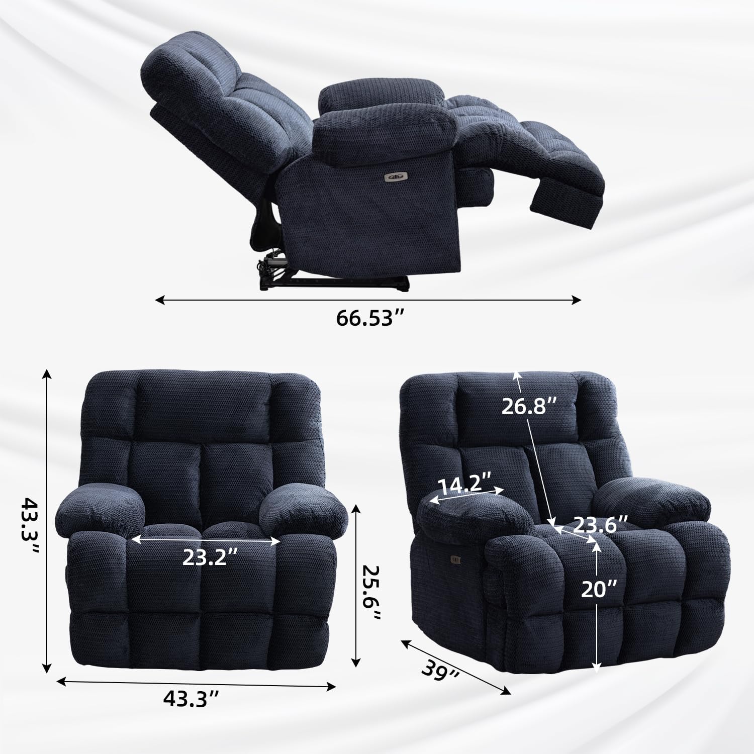 Oversized Power Reclining Chairs Zero Gravity for Adults, Soft Fabric Electric Recliner Chairs, Large Single Reclining Chair for Living Room, Theater Seating for Tall Man with USB Port (Blue)