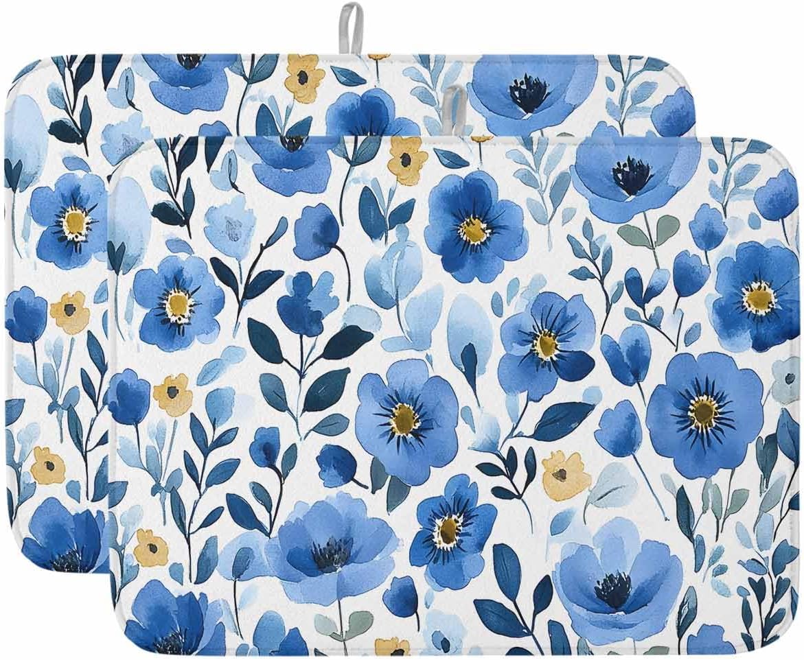 Dish Drying Mat for Kitchen, Watercolor Blue Poppy Flower Abstract Absorbent Dish Drying Pad, Kitchen Counter Mat for Dishes Utensils Camping, 18"x24"(2 Pcs)