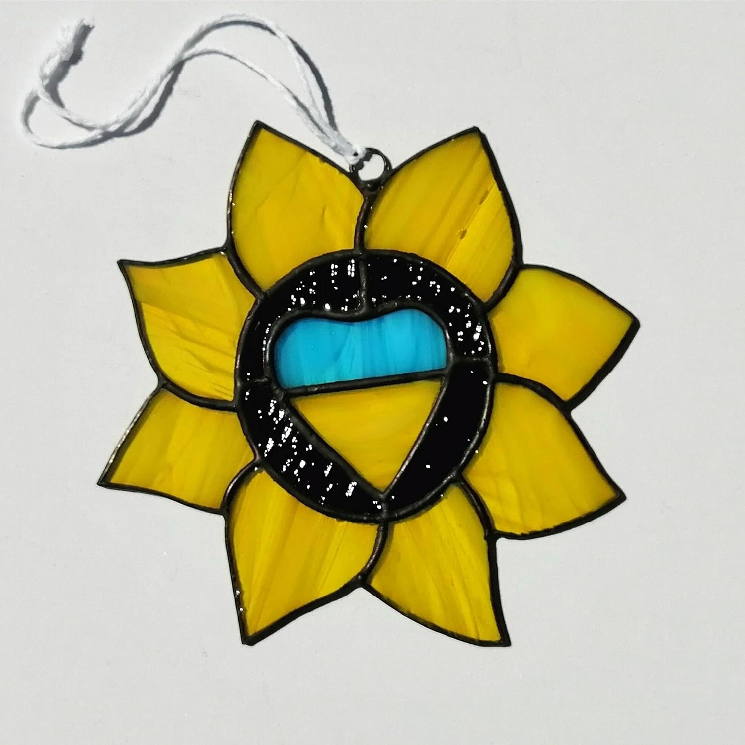 Ukraine Sunflower Stained Glass Suncatcher Window Hanging Wall Decor - Ukrainian Flag Heart Ornament
