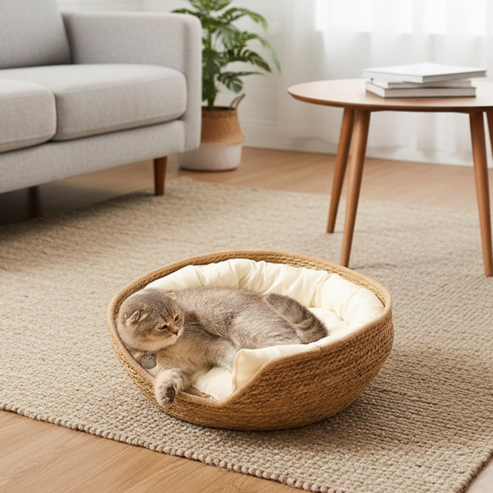 Cuccia per gatti rotonda in rattan da 17 pollici con cuscino in cotone lavabile