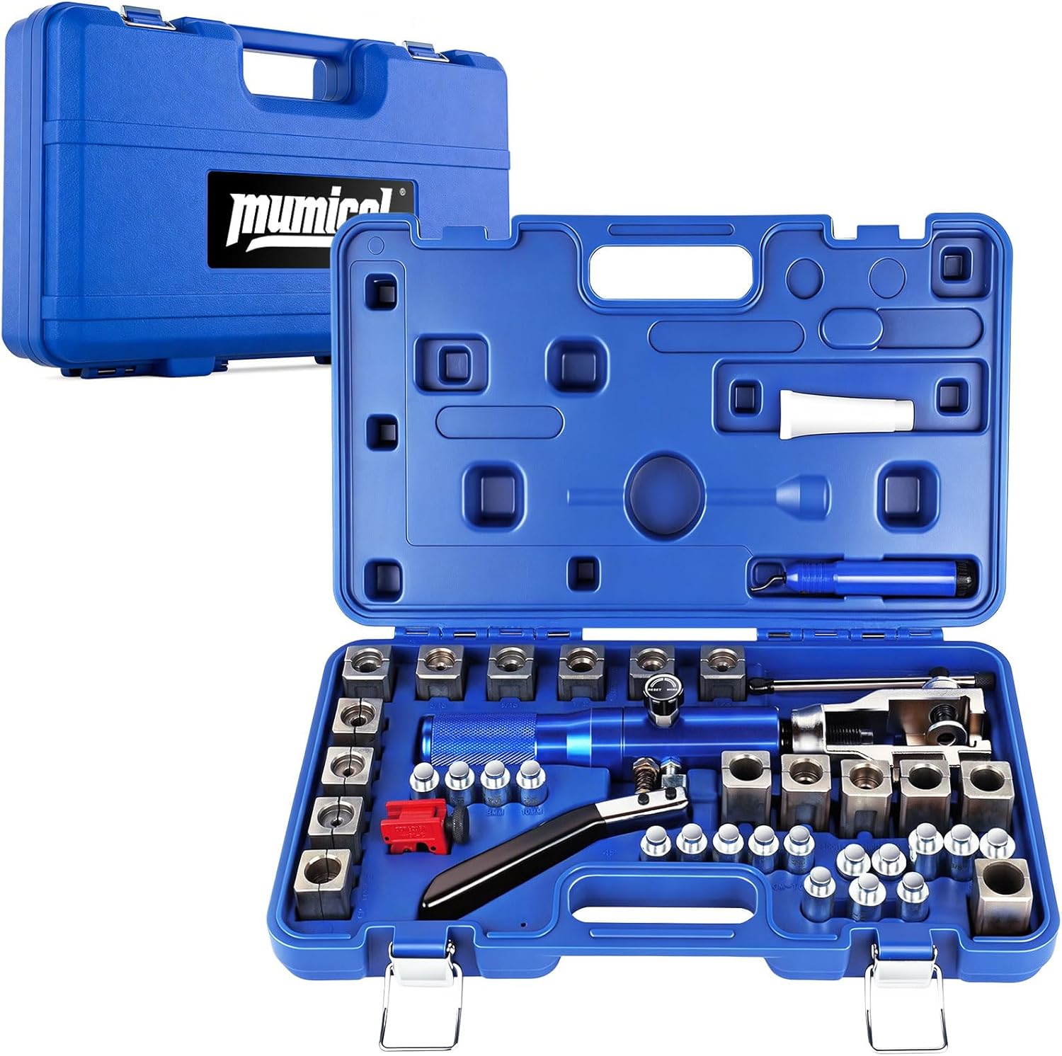 Professional Hydraulic Flaring Tool Kit, with Stabilizing Arm for 45° Double & Single, ISO Bubble, GM Fuel & Transmission Line Flares - 3/16" to 1/2" & 4-10mm, Includes Cutter & Deburrer