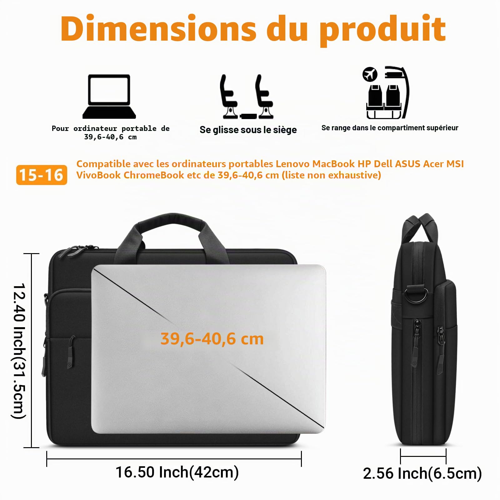 ZYB Grand Capacité Sacoche Ordinateur 15.6-16 Pouces,Étanche Sacoche PC Portable 15.6 16 Pouces Housse Protection Sac à Bandoulière Pochette pour 15-15.6" Laptop/Lenovo/HP/Dell/Acer/MSI/ASUS etc-Noir