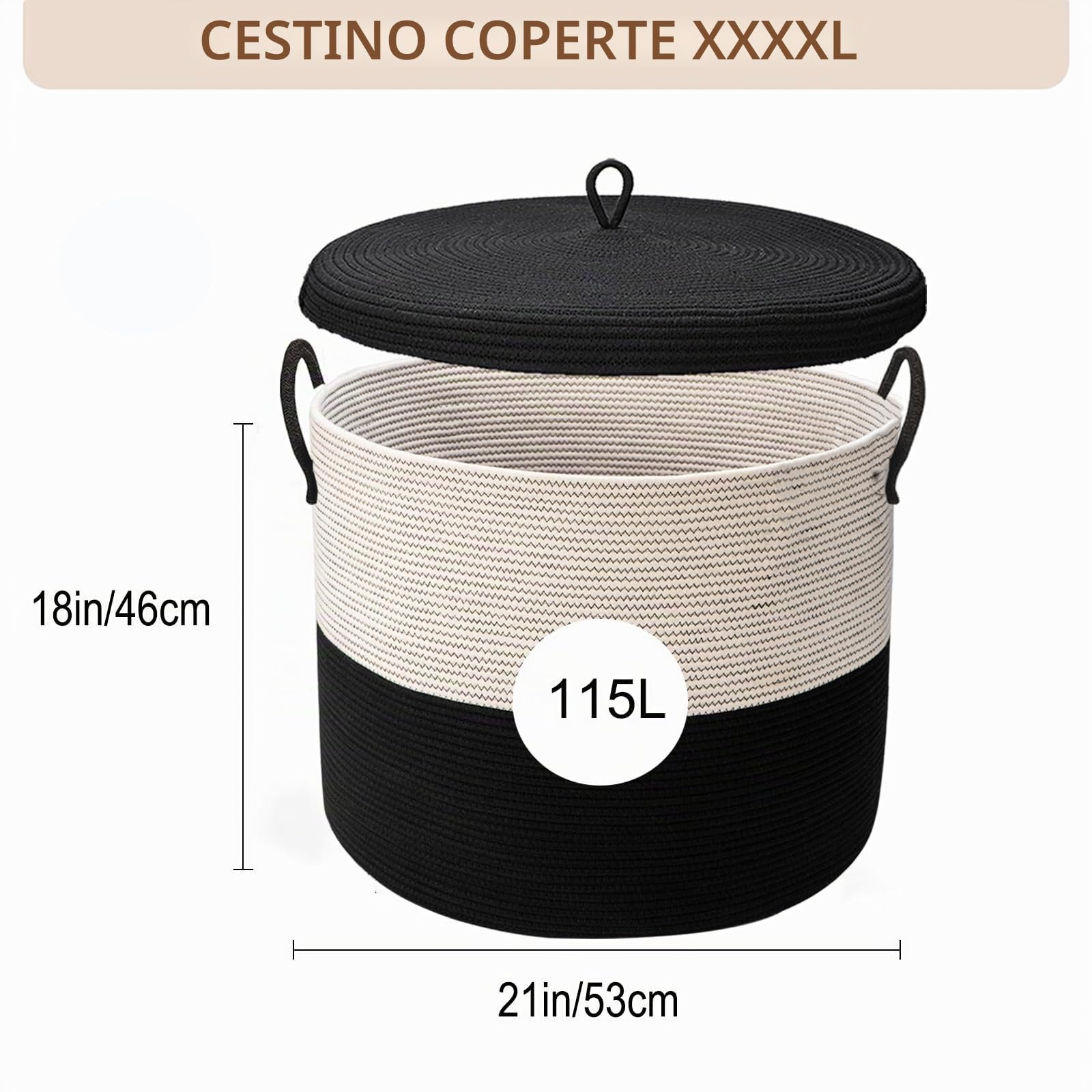 Cesto extra large in corda di cotone con coperchio, 53,3 cm x 45,7 cm (larghezza x altezza), cesto portaoggetti rigido spesso per soggiorno, grande cesto portaoggetti in tessuto, 115 l, nero