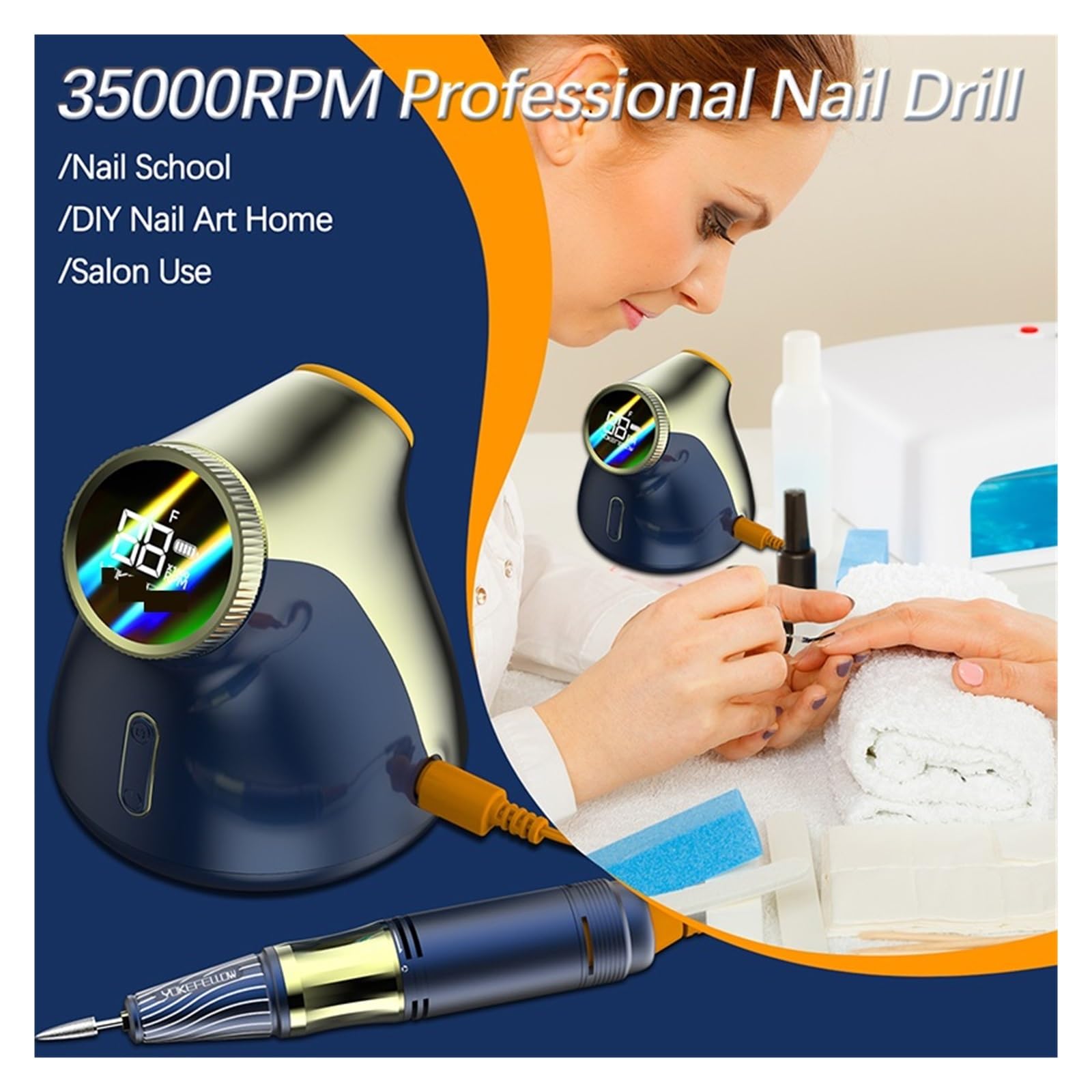 Profesjonalna elektryczna wiertarka do paznokci, 35000 obr./min bezszczotkowa Manicure, zestaw wierteł żel akrylowy polski szlifierka ,Niskie wibracje(Blue-Set B)