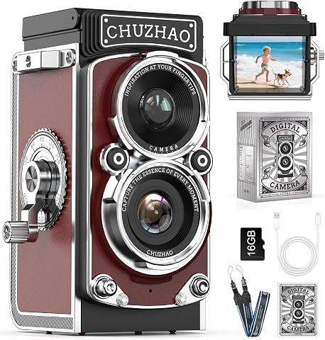 CHUZHAO - Cámara Digital Retro: cámara Vintage portátil Estilo TLR de Doble Lente, Enfoque automático de 12 MP 1080P FHD para apuntar y Disparar de Bolsillo, cámaras Digitales Retro con Tarjeta de 16