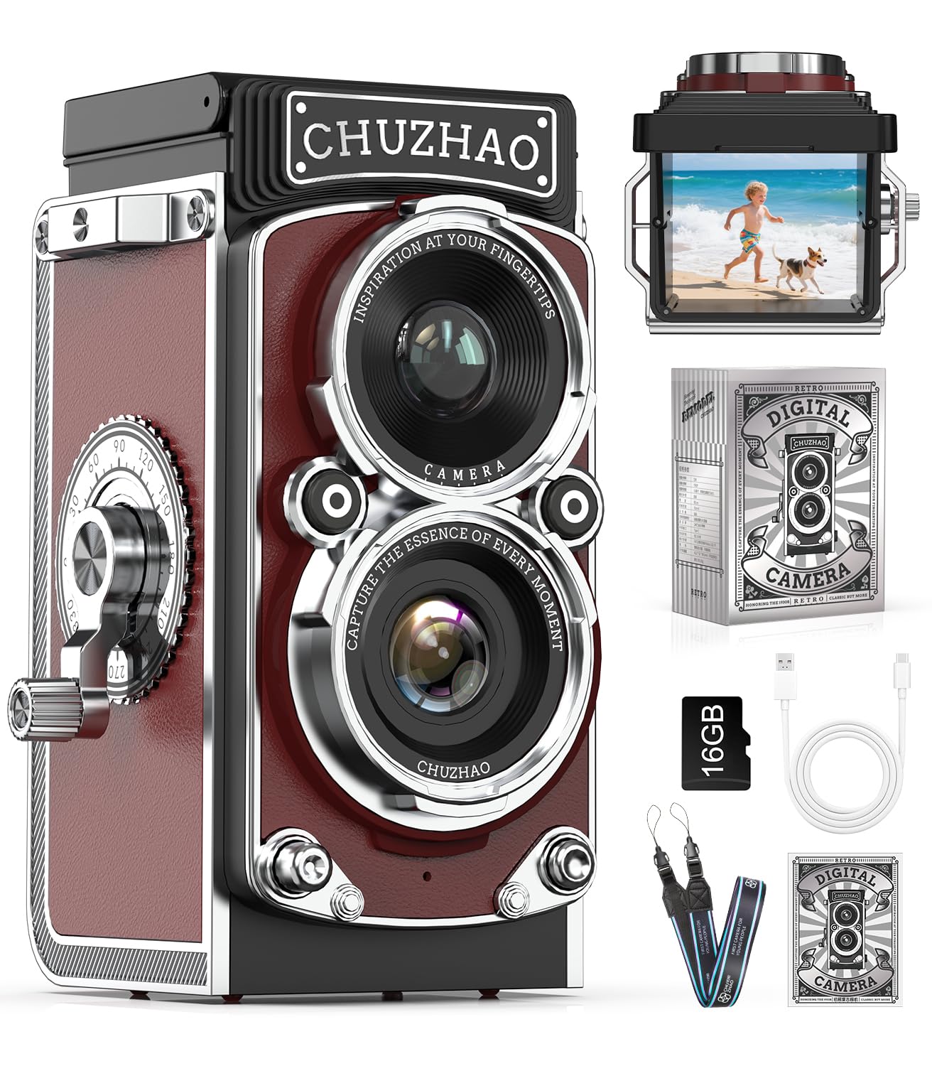 CHUZHAO Digital Camera Retro, Portable TLR Style Twin-Lens Vintage Camera, 12MP Autofocus 1080P FHD Point and Shoot Pocket Vlogging Retro Digital Cameras 16GB Card for Beginners Teens Boys Girls (Red)
