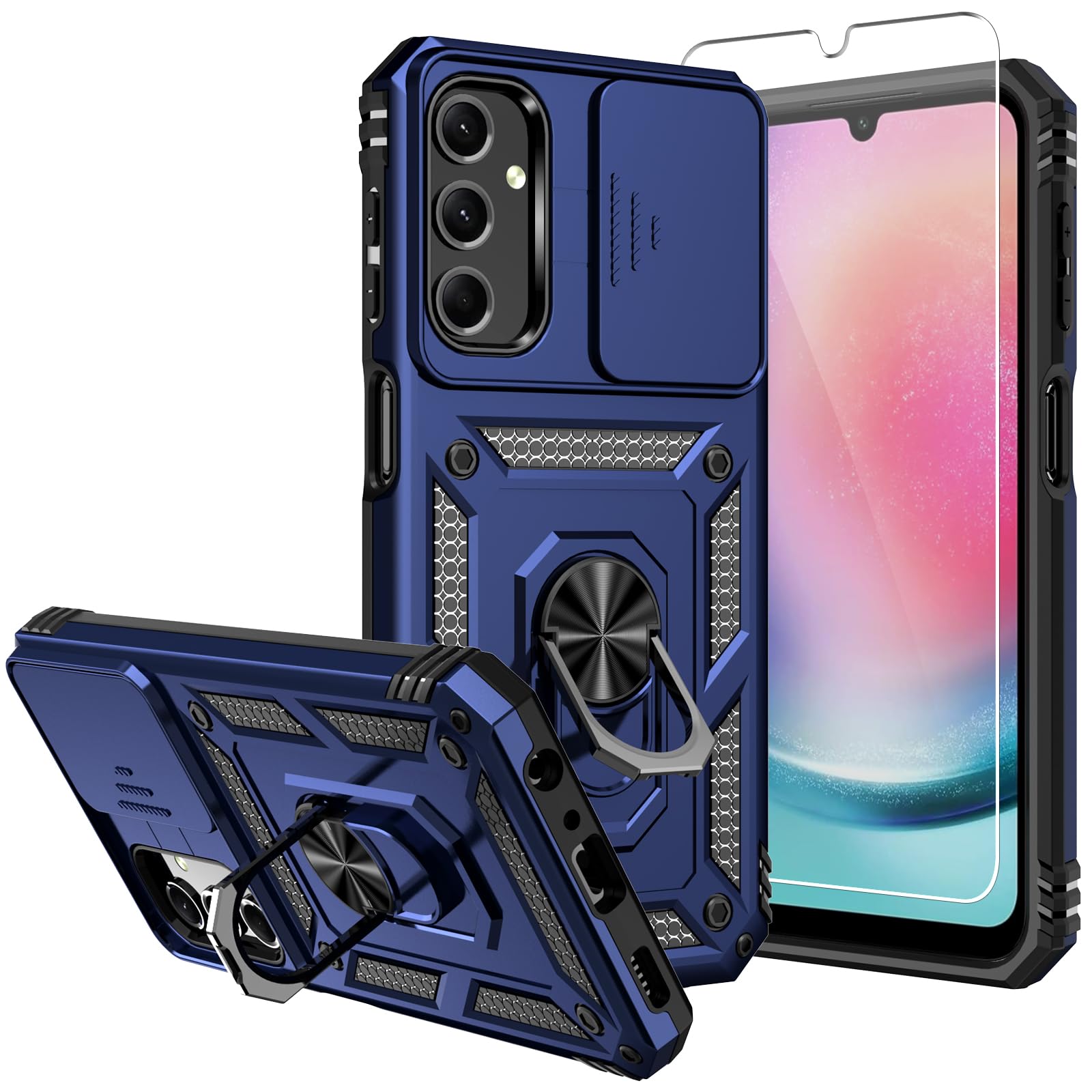 SKMY for Galaxy A24 5G Case,with Screen Protectors and Camera Cover,[Military Grade] 16ft.Drop Tested Cover with Magnetic Kickstand Protective Case