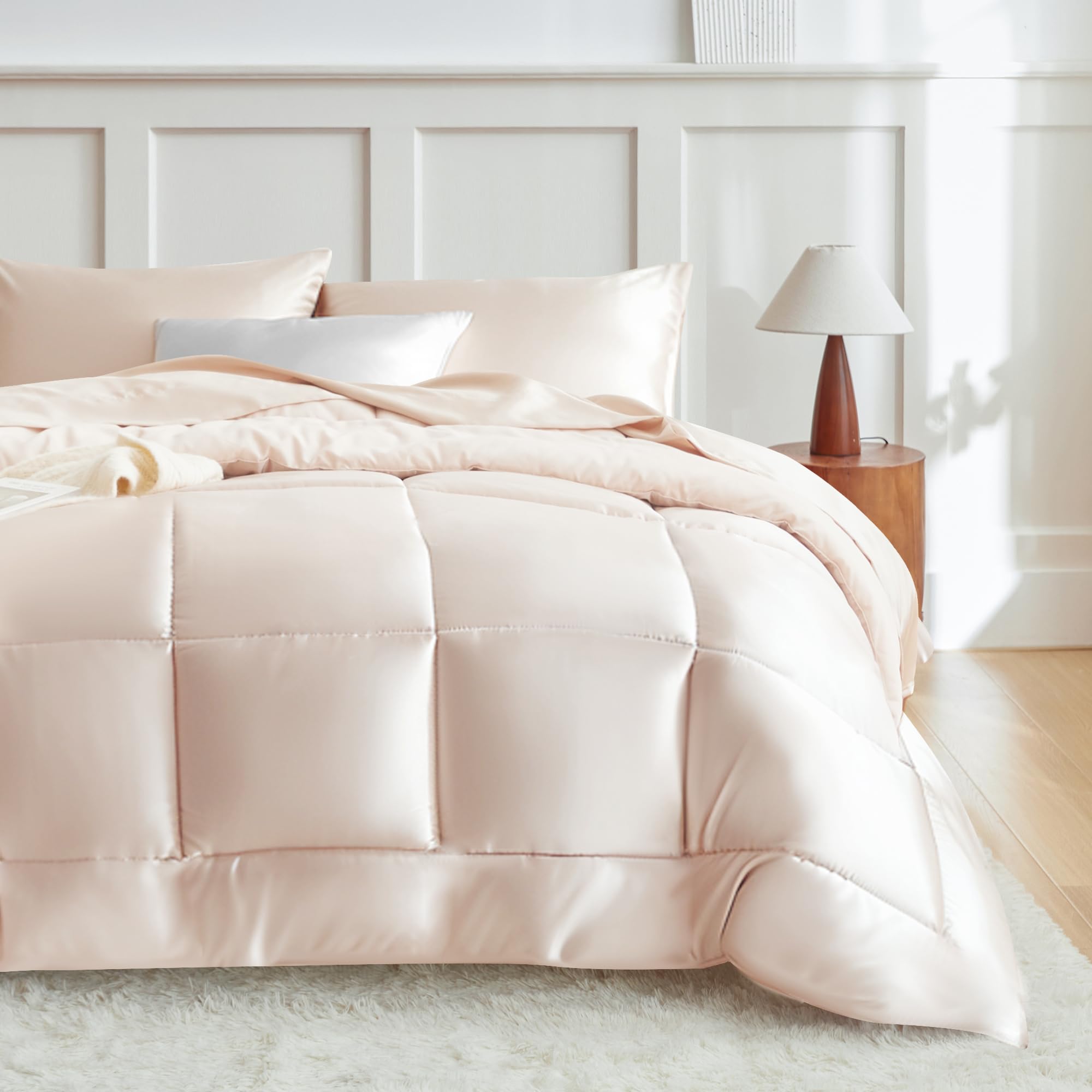 MR&HM Queen Comforter Set Beige, Reversible Satin Microfiber Comforter Set for All Seasons, 3 Pieces Non-Slip Silky Soft Bedding Sets with 1 Comforter (90"x90") and 2 Pillowcases (20"x26")