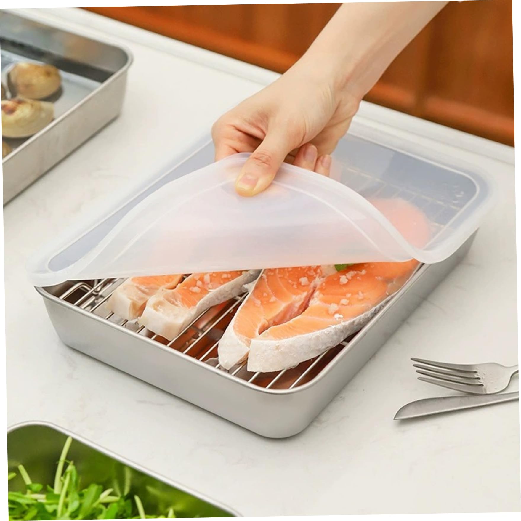 Placa cuadrada de acero inoxidable con tapa, 2 piezas de bandejas de acero inoxidable 10x8x2 para alimentos, molde para hornear cuadrado apilable con fondo plano, sartén fácil de limpiar con tapa