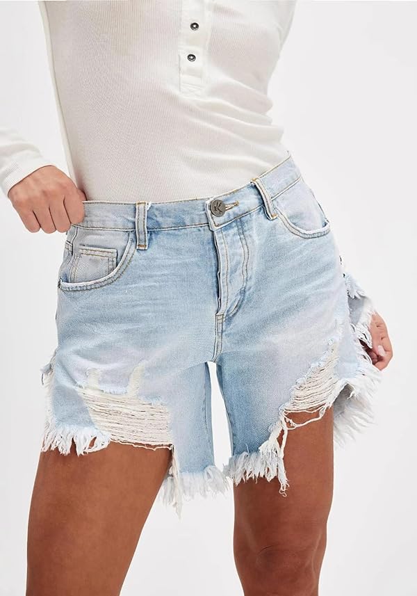 Tbahhir Women Distressed Denim Shorts Baggy Frayed High Waisted Side Slit Jean Short Ripped Boyfriend Summer Casual Y2K by Tbahhir - Used condition - Image 6