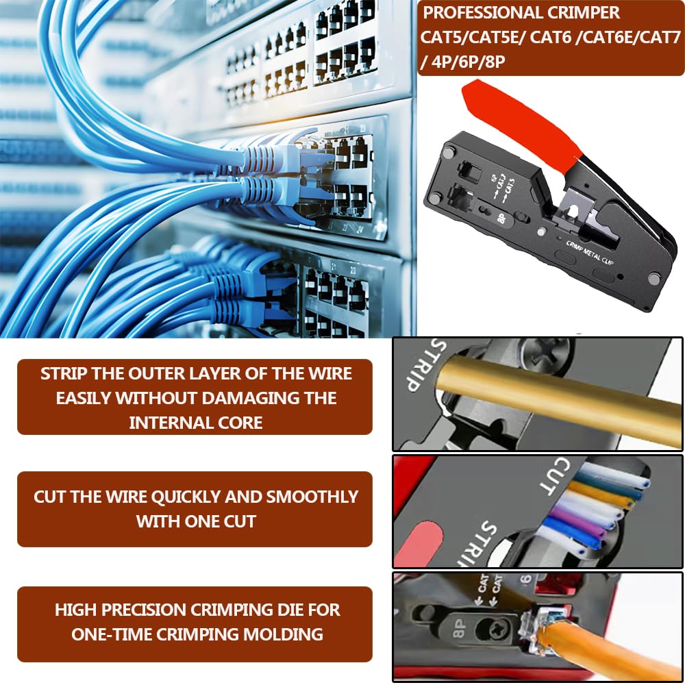 MAYLINE Cat6 Cat5 Pinza Crimpatrice Kit RJ45 Tester di Rete di Strumenti Crimpatura RJ11 RJ12 Riparazione Computer Net Professionale Manutenzione Cavo LAN(nero)