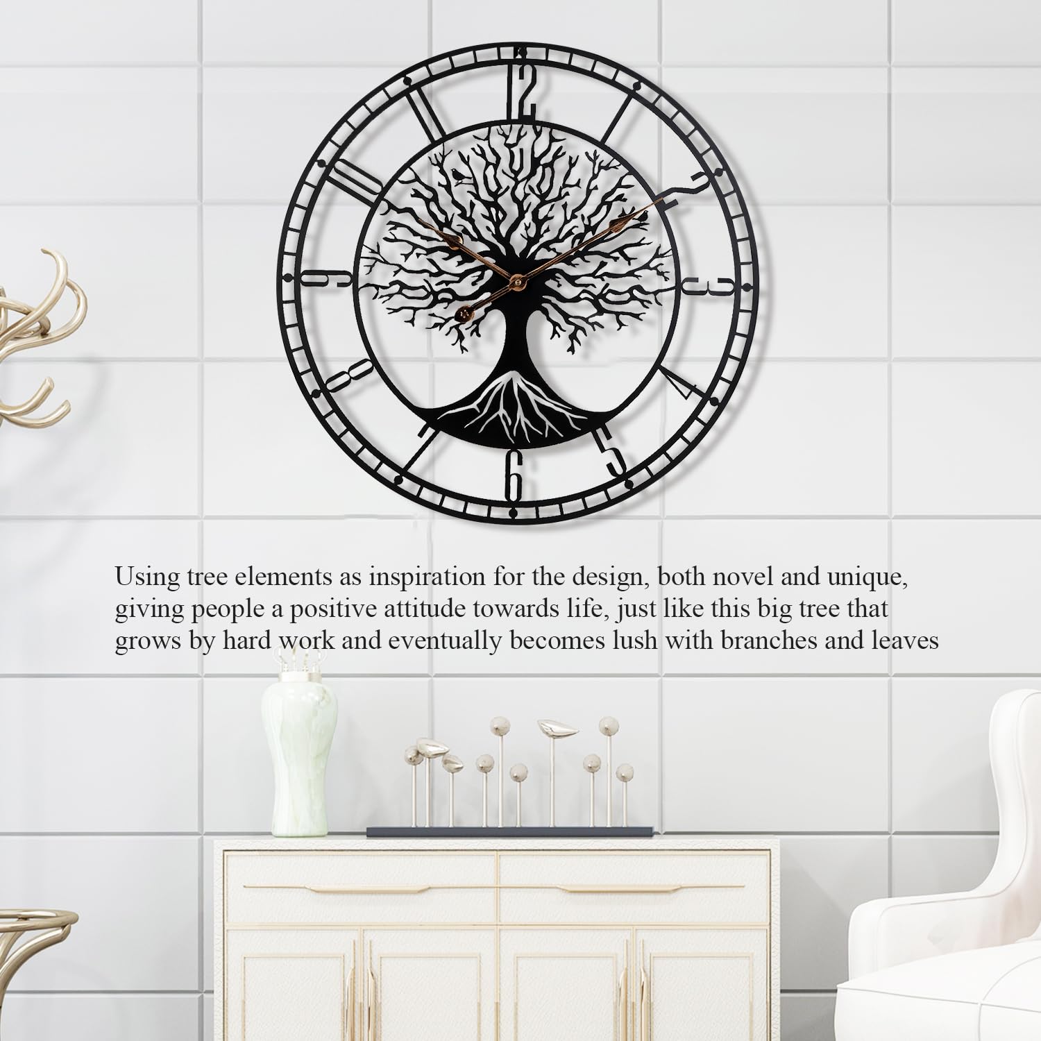 Grande albero della vita Orologio da parete in metallo nero Grande decorazione per la casa soggiorno con numeri silenziosi moderni di mezzo secolo