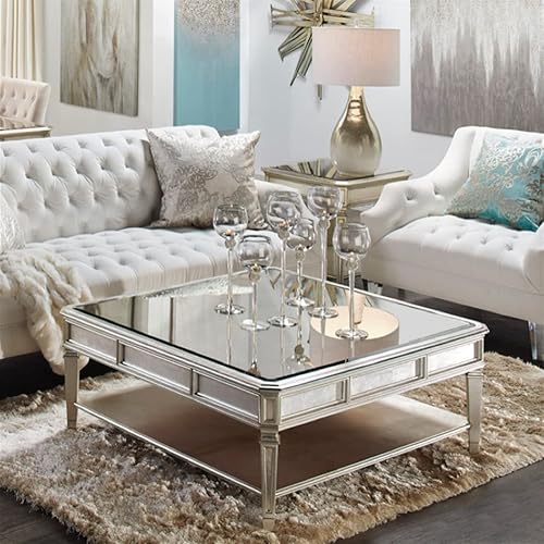 Miniatura 7 de BNNP Mesa de té para sala de estar mesa de café retro mesa cuadrada para sala de estar mesa de sofá con parte superior de espejo y estante de