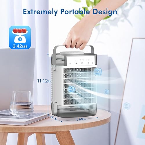 Miniatura 8 de Aire acondicionado portátil, unidad de CA pequeña de 3 velocidades, enfriador de aire evaporativo con función de temporizador, luz nocturna de 7