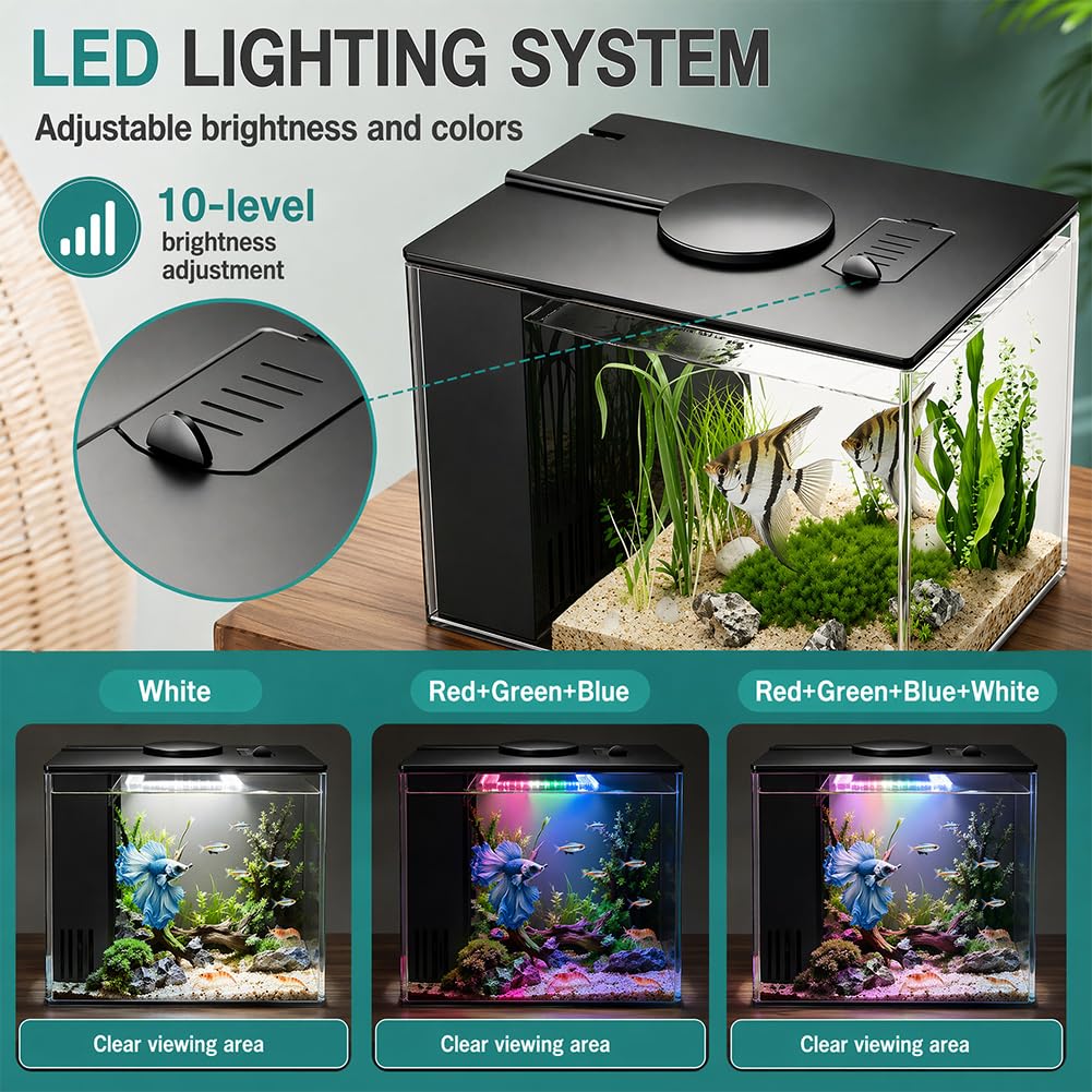 DASIAUTOEM Petit aquarium Betta complet 15 x 11 x 13 cm, mini aquariums en acrylique, aquarium, luminaires, nourriture pour poissons et système de filtration intégré, pour petits poissons, crevettes