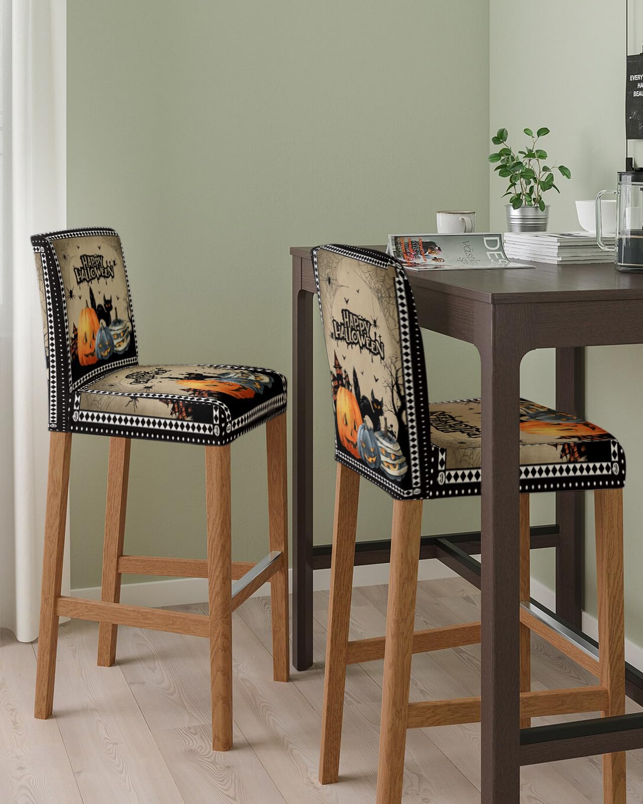 PIEPLE Halloween Bar Stool Cover Set of 2, Horror Cat Pumpkin Castle Black White Plaid Stretch Removable Bar Stool Chair Covers with Backs Pub Counter Stool Chair Slipcover for Dining Room Cafe