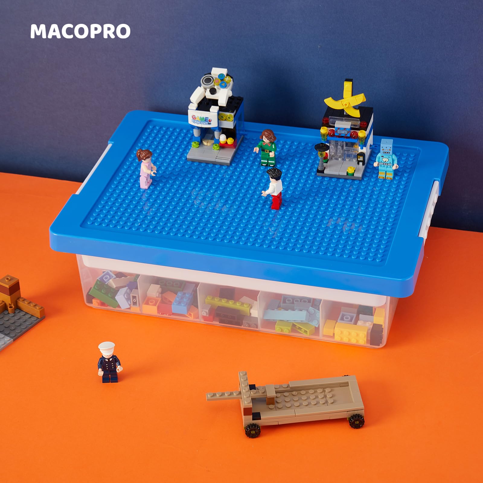 MACOPRO Toys Storage Organizer Box for Lego, Toy Box with Building Plate Lid and Removable Tray, Building Block Storage, Stackable Plastic Organizer Bins