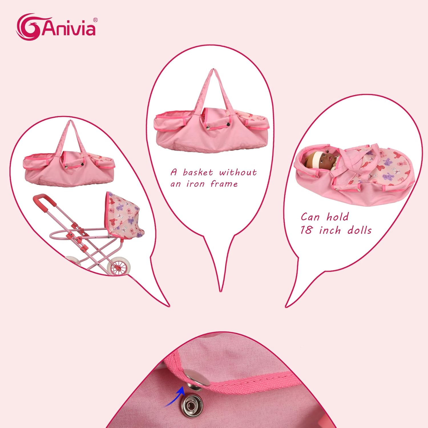 ANIVIA Baby Doll Stroller Toy Carriage for Kids Doll Pushchair, 2 in 1 Stroller Dolls Pushchair Pram Toys Gift for Kids, Suitable Dolls Up to 18 inch