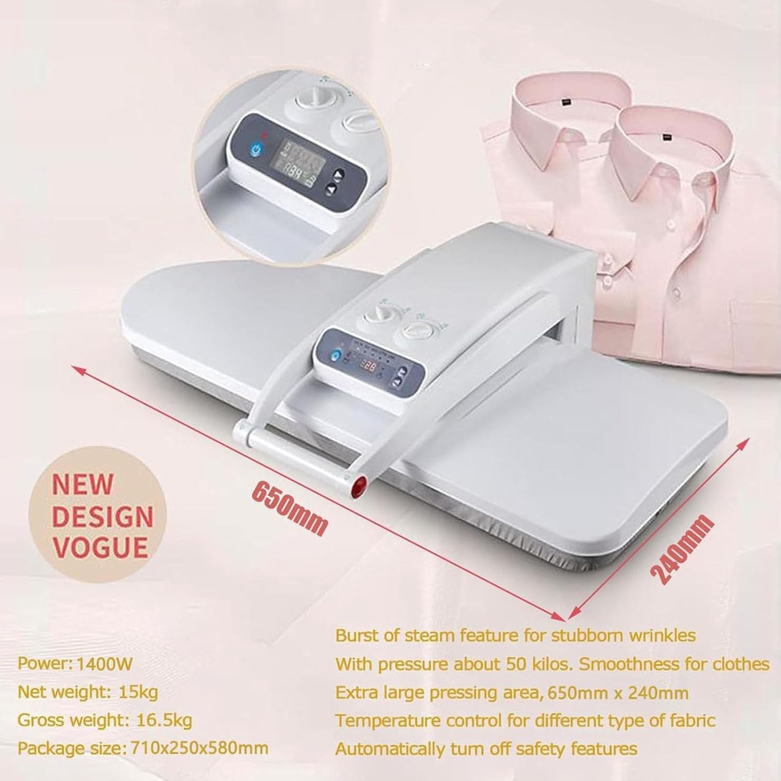 Pressa da stiro a vapore, 1400 W, con controlli digitali, temperatura regolabile, 5 impostazioni del tessuto, protezione contro il surriscaldamento, ideale per casa, lavanderia, ufficio, 80 x 31 cm