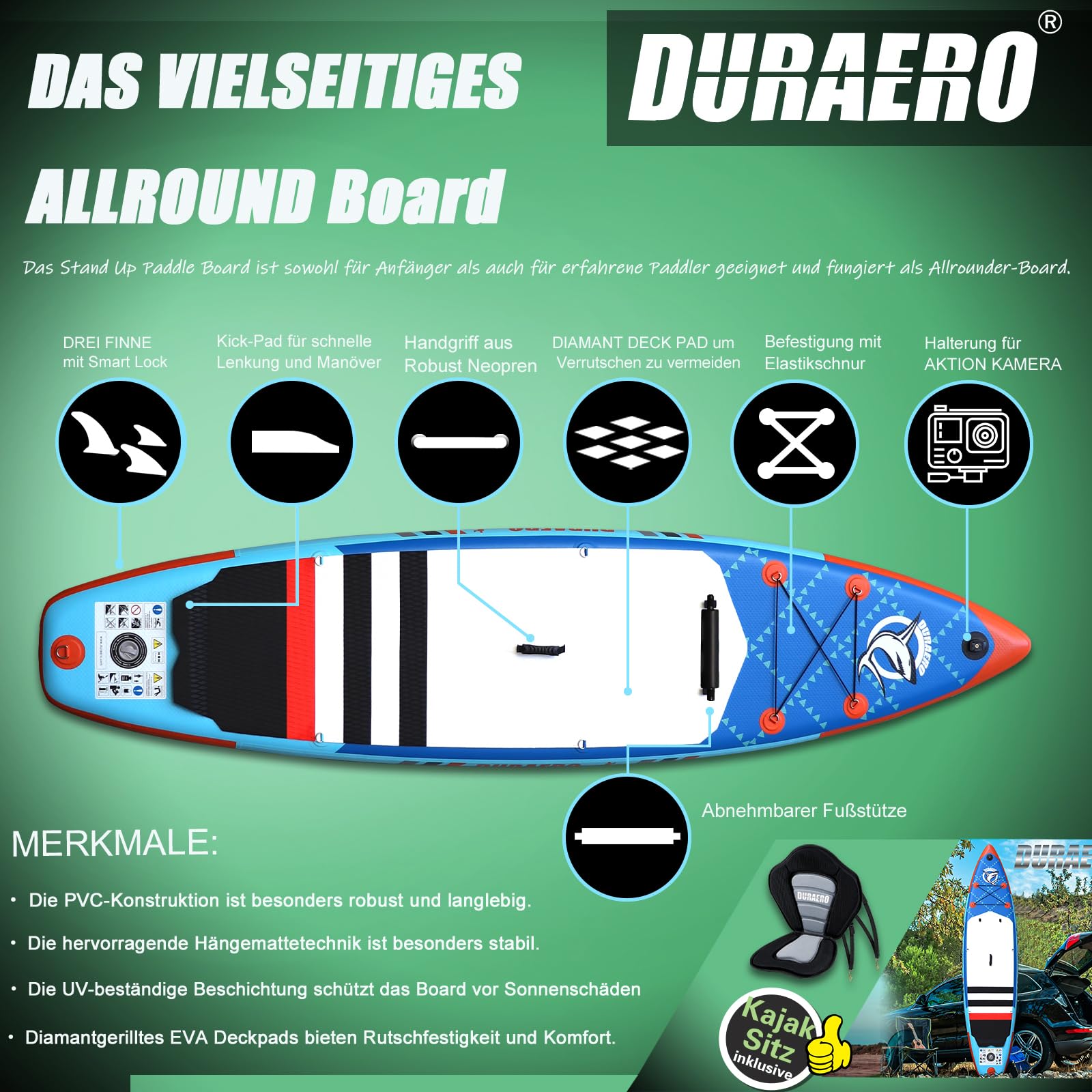 Stand up Paddle Gonflable Planches gonflables, 330 x 76 x 15 cm, siège Kayak, Support GO-Pro, Pad intégré, 3 Ailes, Double pagaie réglable, Accessoires complets, jusqu'à 150 kg, Bleu